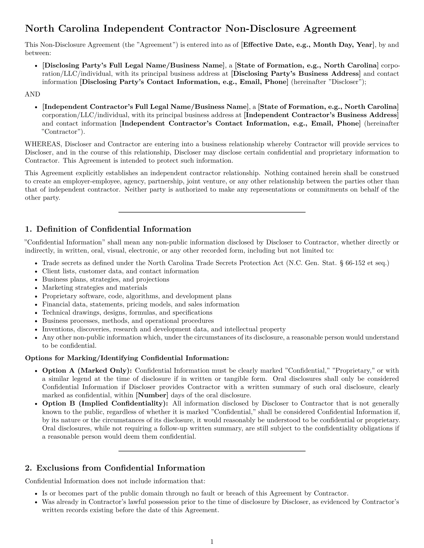 Preview page 1 of Pro North Carolina independent contractor nda template
