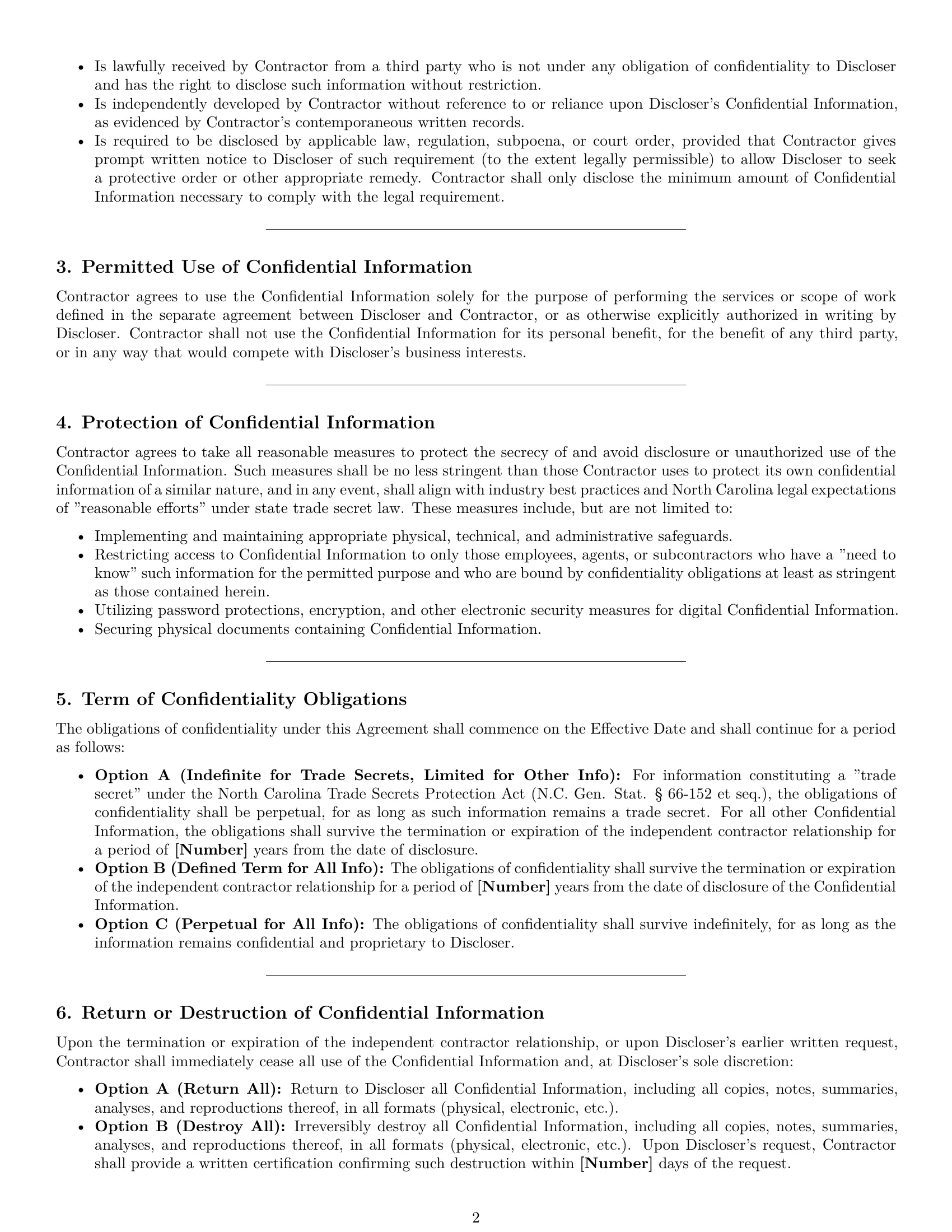 Preview page 2 of Pro North Carolina independent contractor nda template