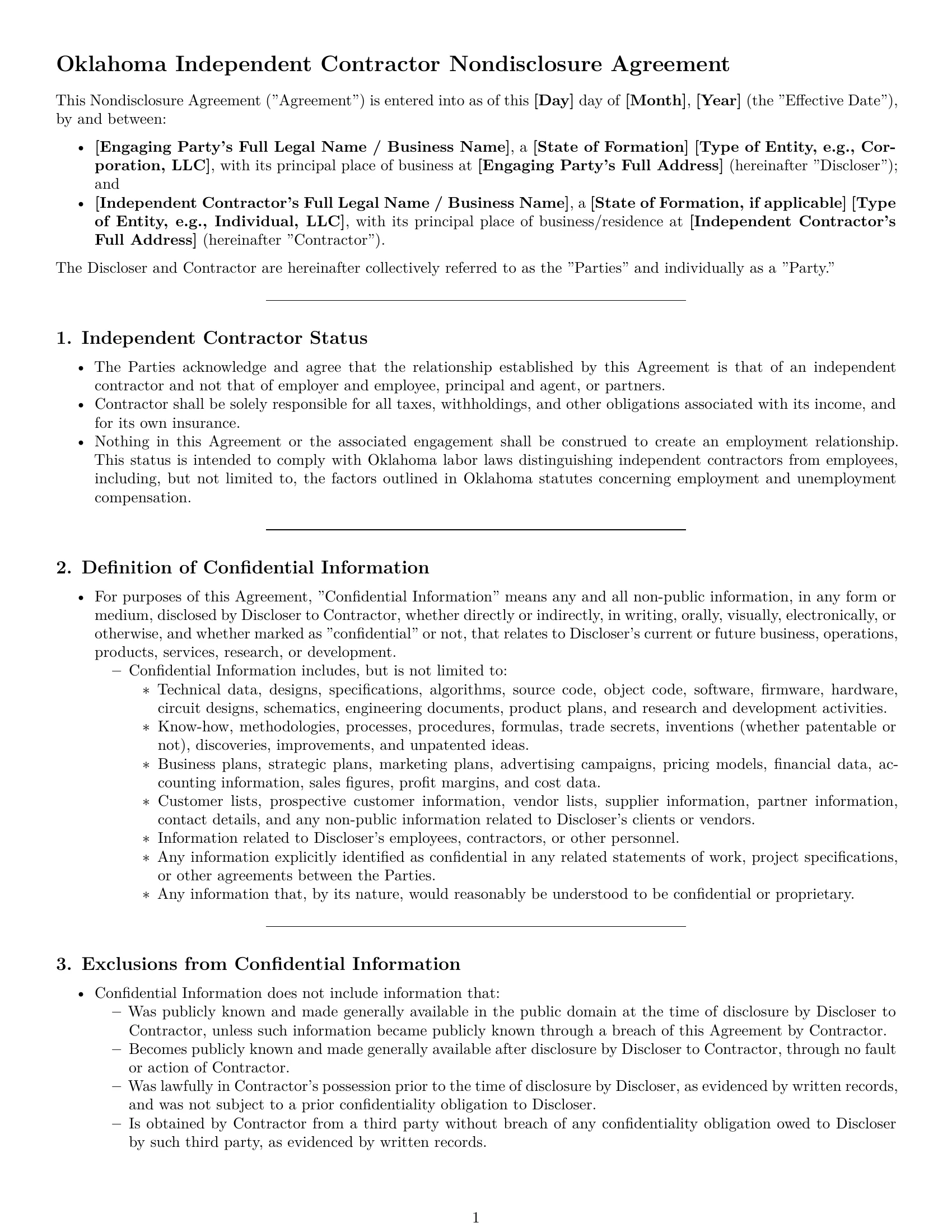 Preview page 1 of Pro Oklahoma independent contractor nda template