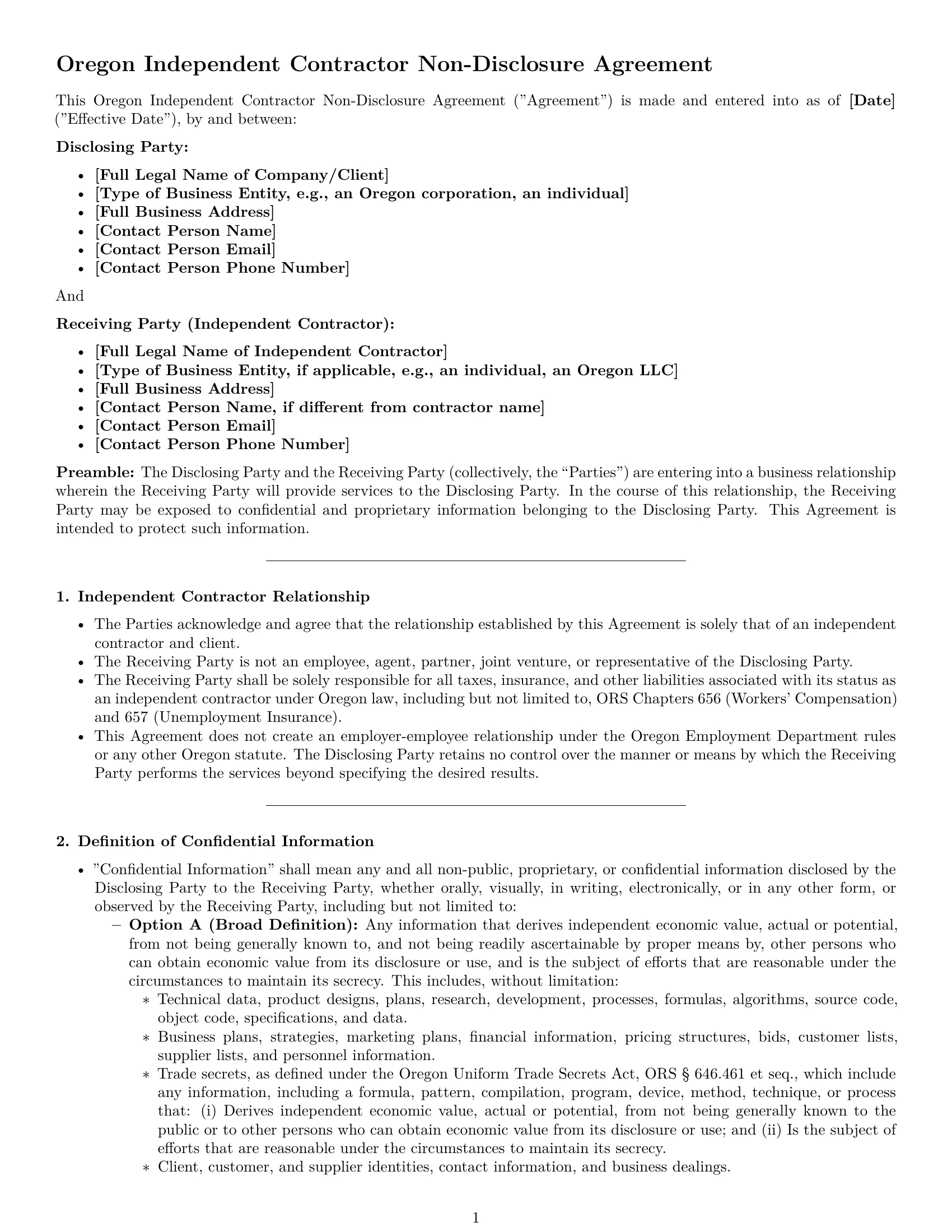 Preview page 1 of Pro Oregon independent contractor nda template