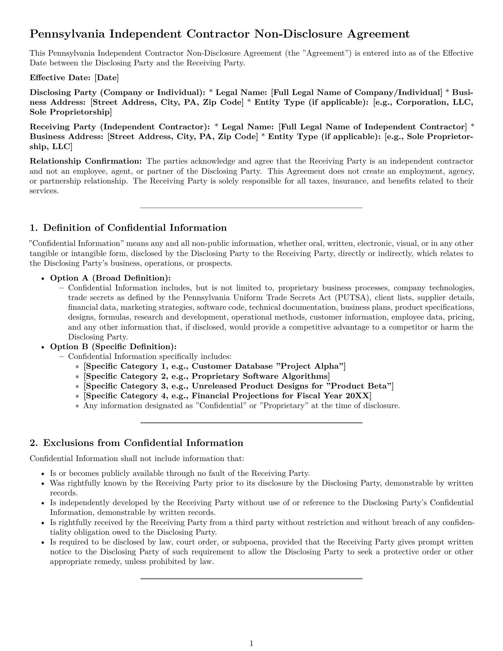 Preview page 1 of Pro Pennsylvania independent contractor nda template