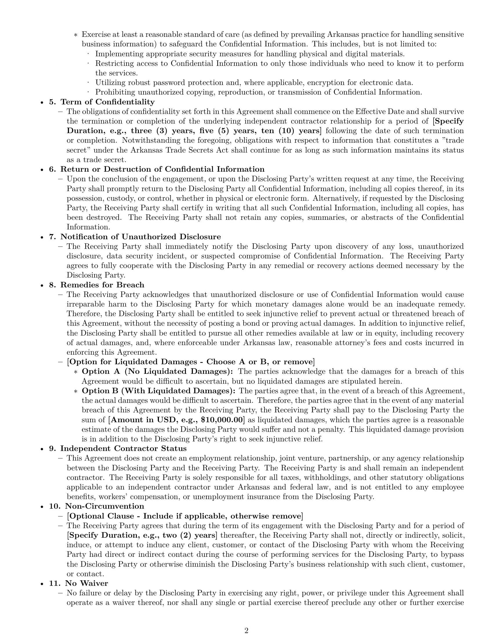Preview page 2 of Pro Arkansas independent contractor nda template