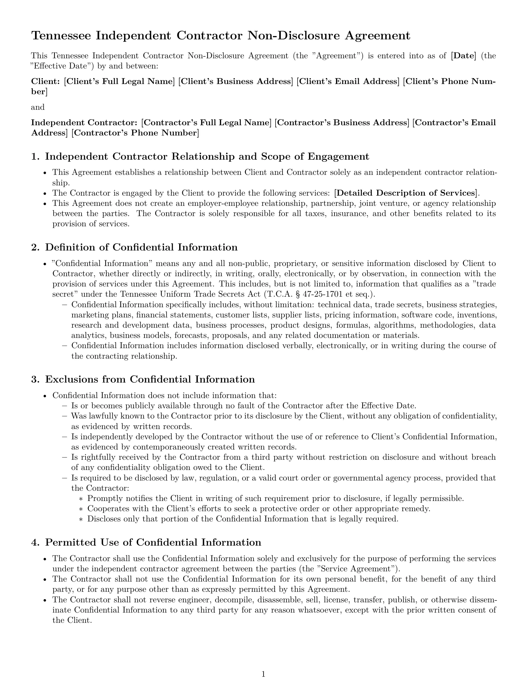 Preview page 1 of Pro Tennessee independent contractor nda template