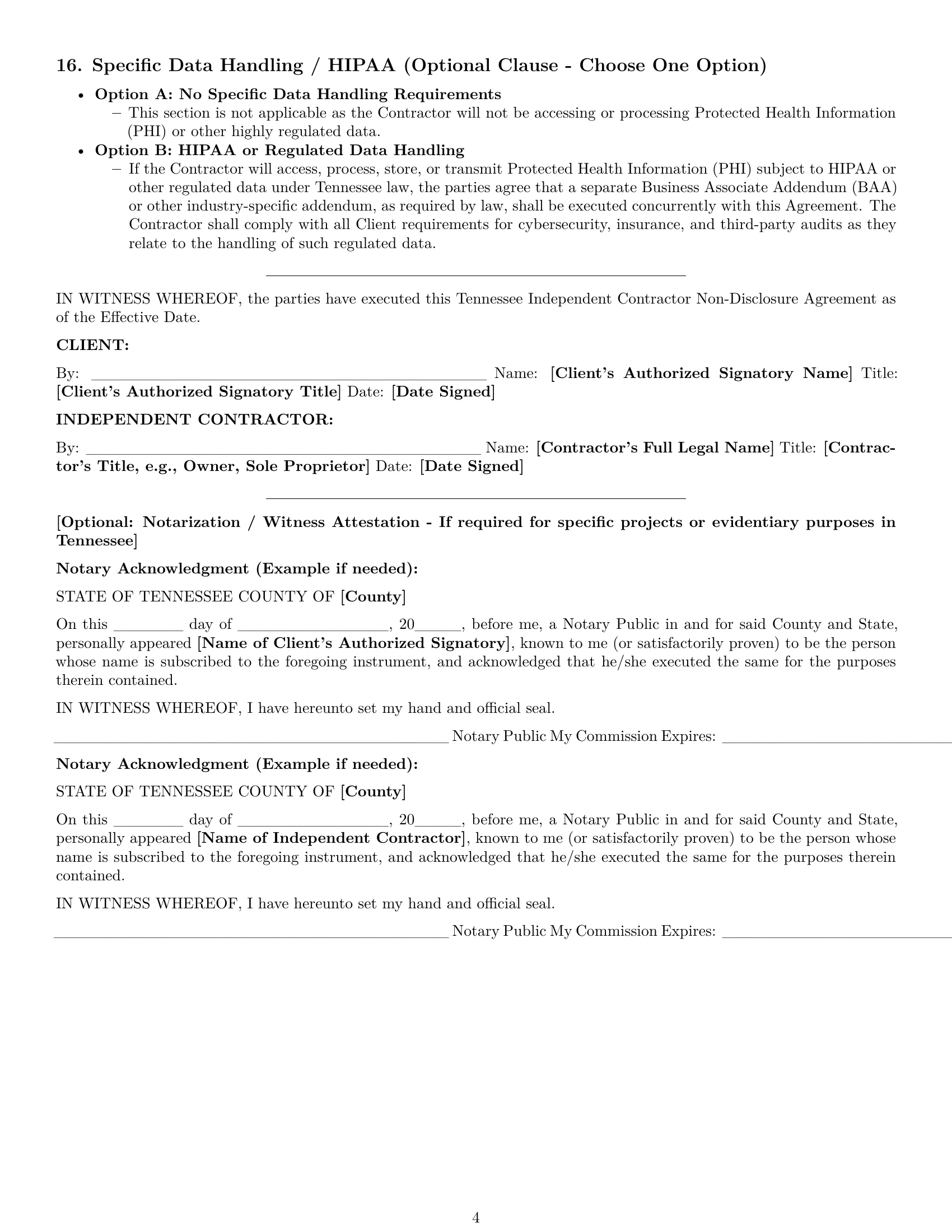 Preview page 4 of Pro Tennessee independent contractor nda template