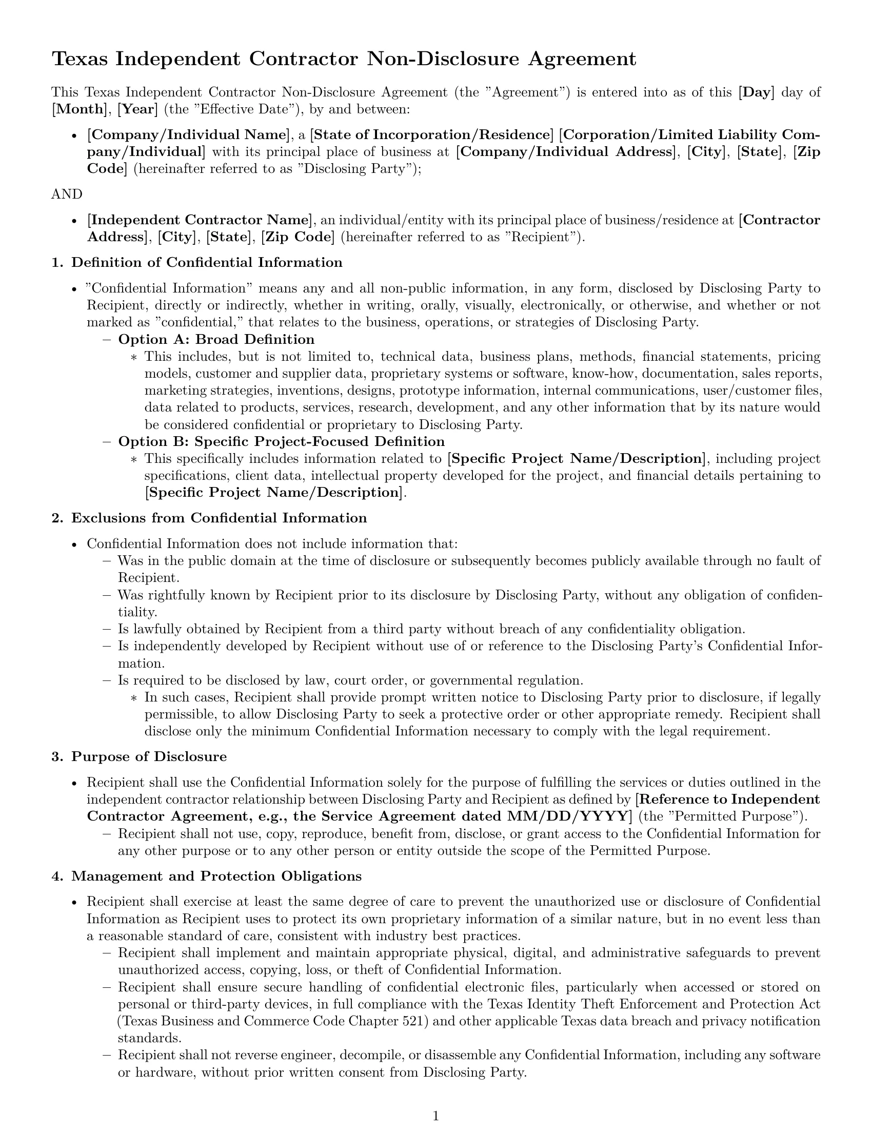 Preview page 1 of Pro Texas independent contractor nda template