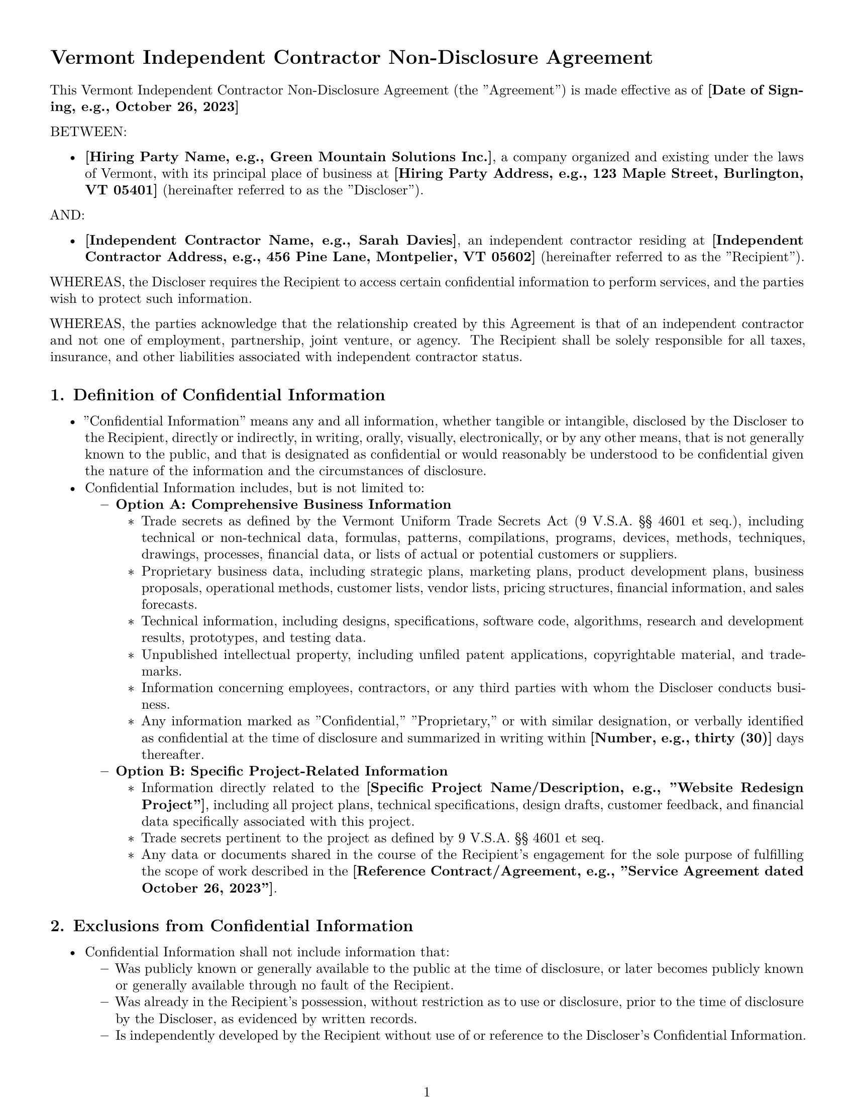 Preview page 1 of Pro Vermont independent contractor nda template