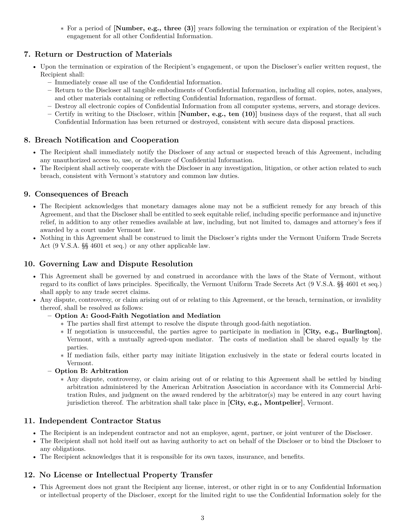 Preview page 3 of Pro Vermont independent contractor nda template