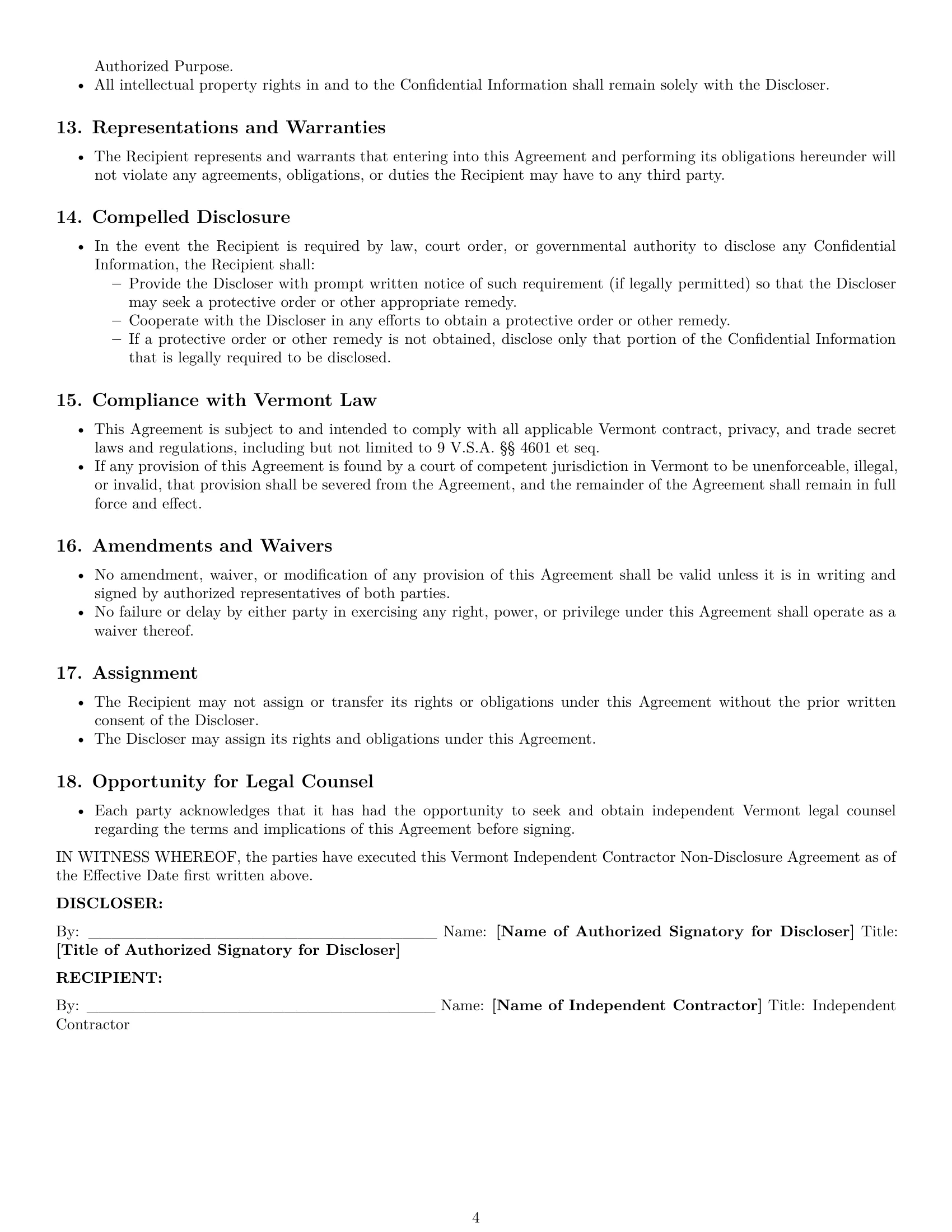 Preview page 4 of Pro Vermont independent contractor nda template
