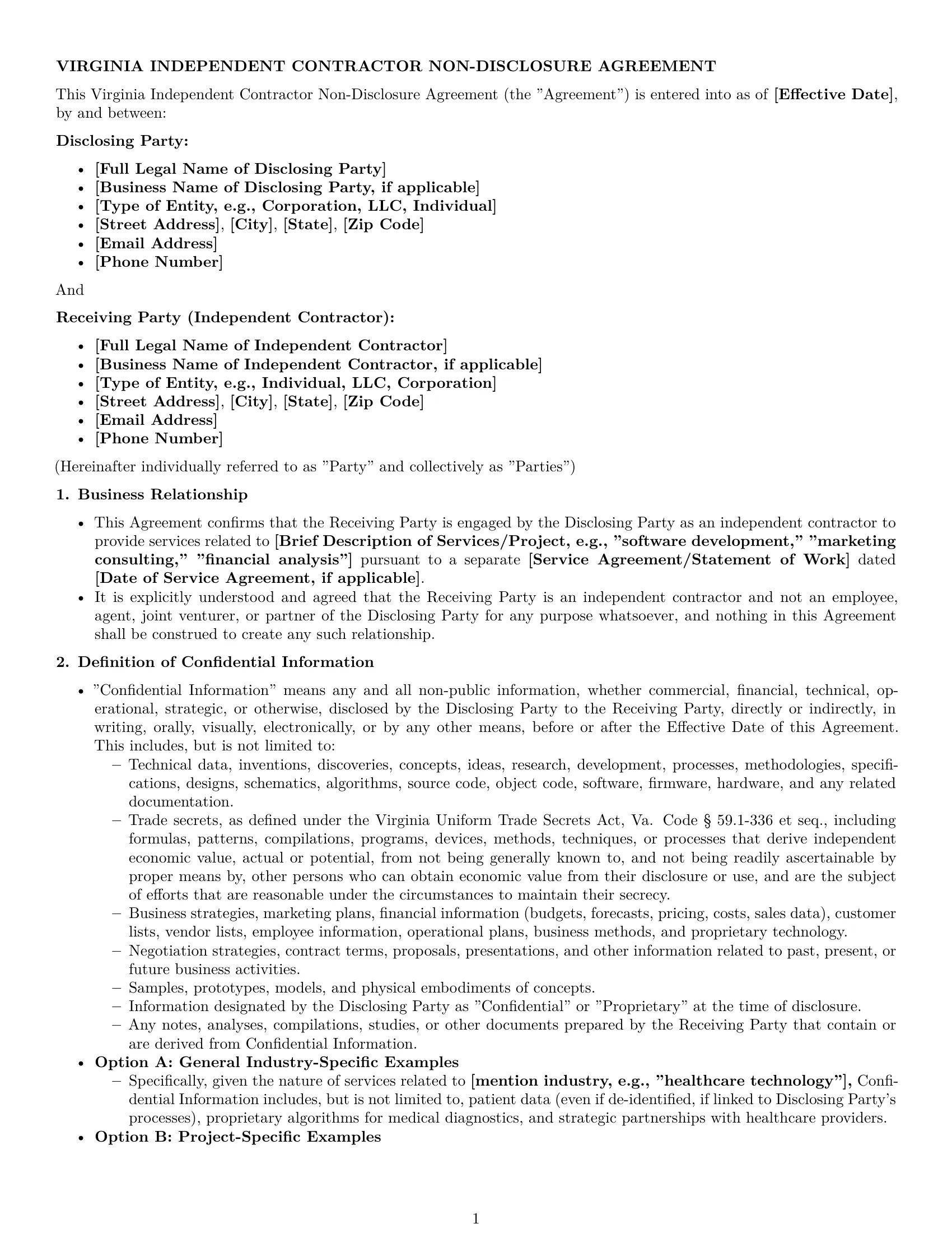 Preview page 1 of Pro Virginia independent contractor nda template
