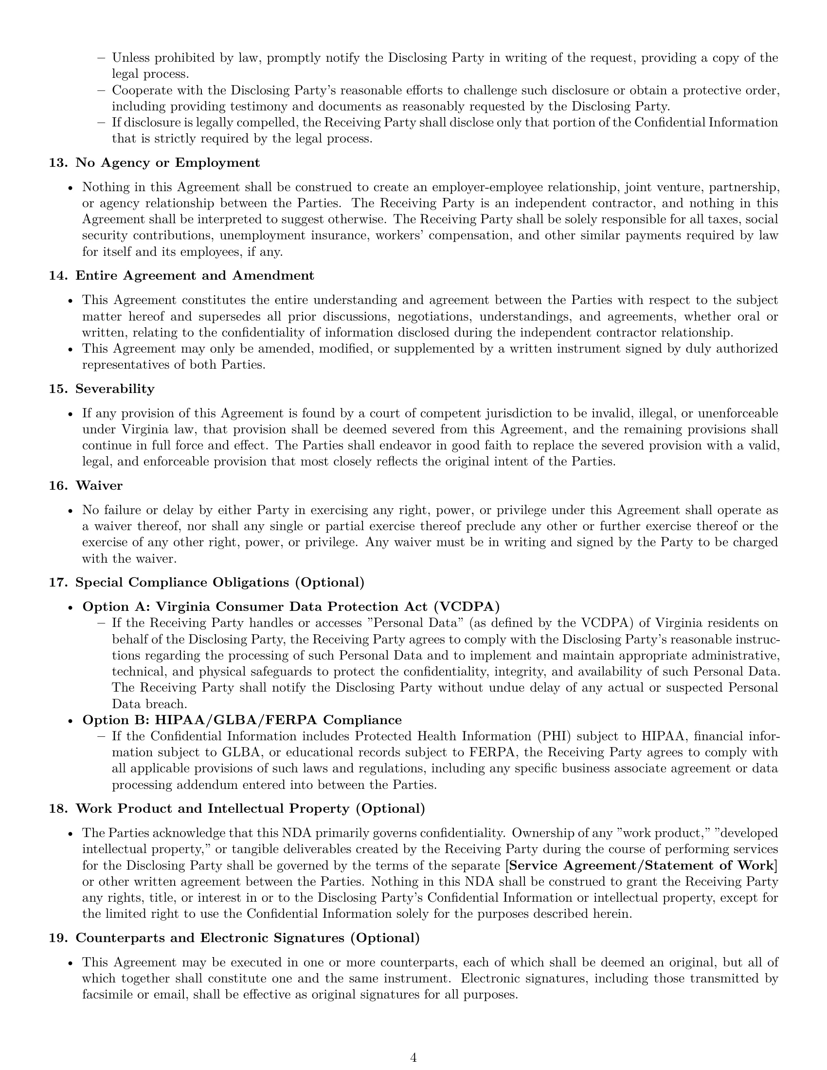 Preview page 4 of Pro Virginia independent contractor nda template