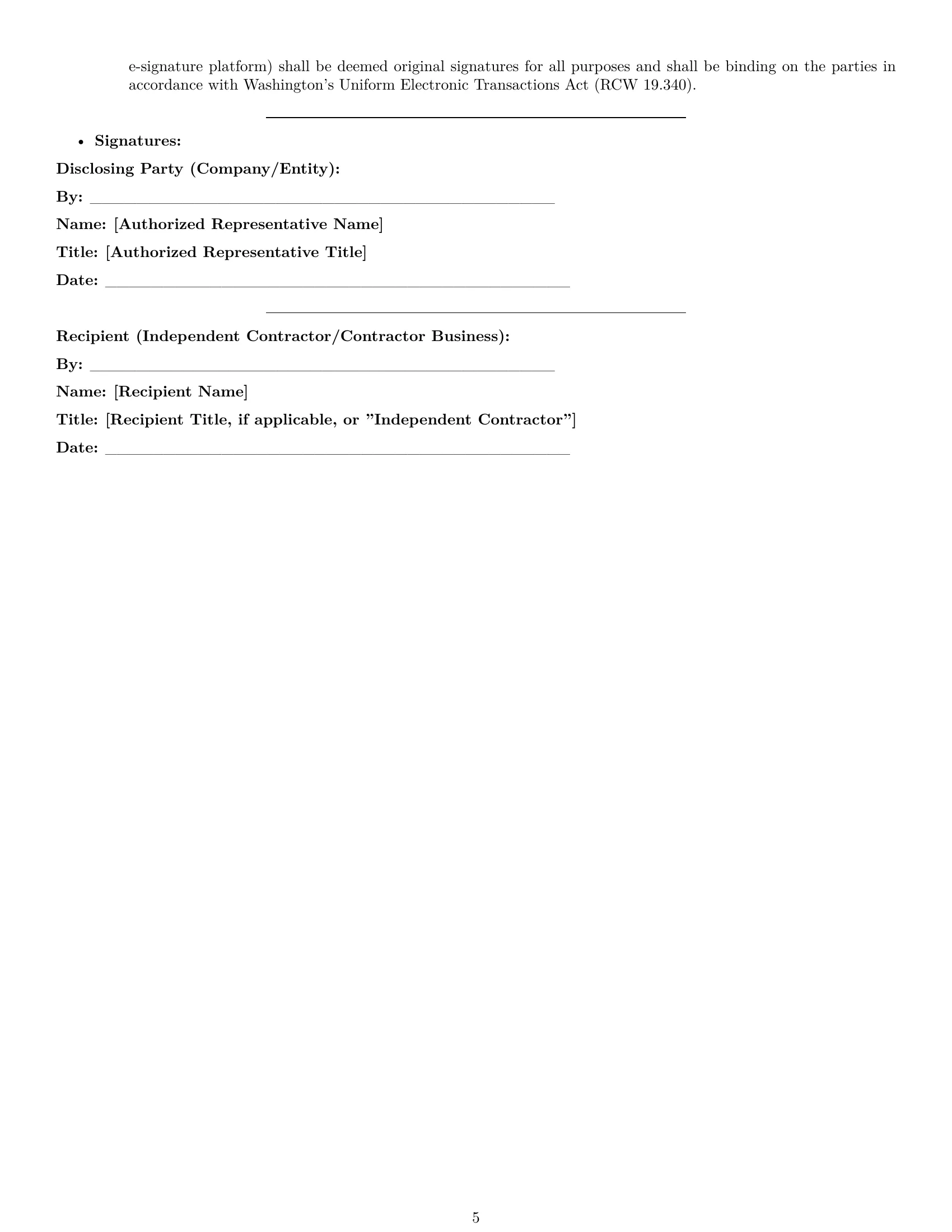 Preview page 5 of Pro Washington independent contractor nda template