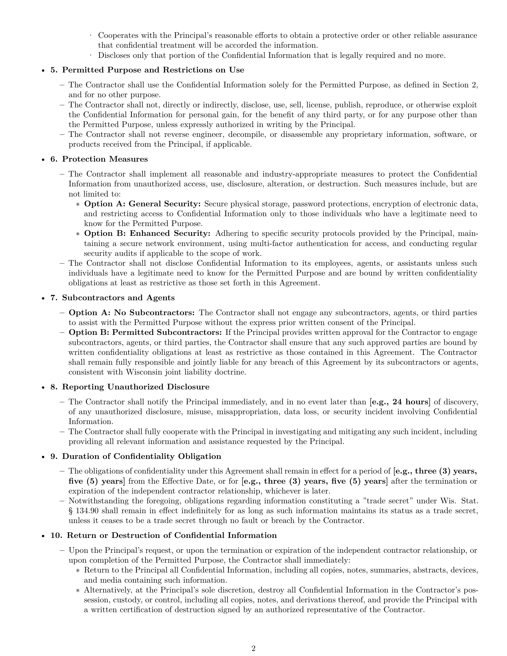 Preview page 2 of Pro Wisconsin independent contractor nda template