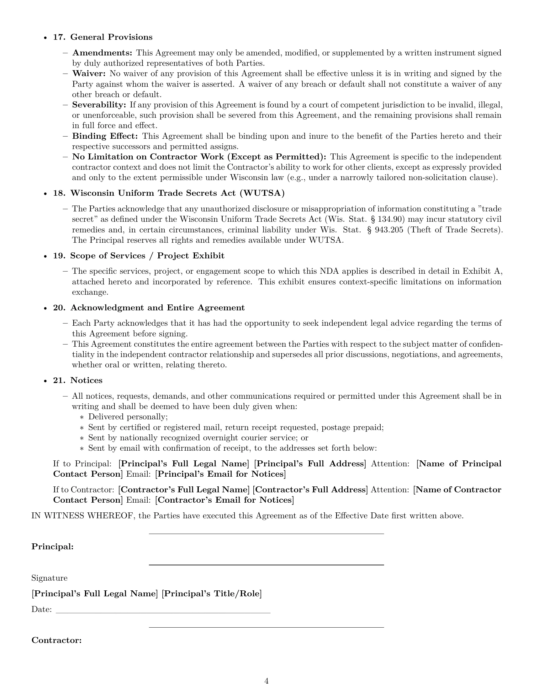 Preview page 4 of Pro Wisconsin independent contractor nda template