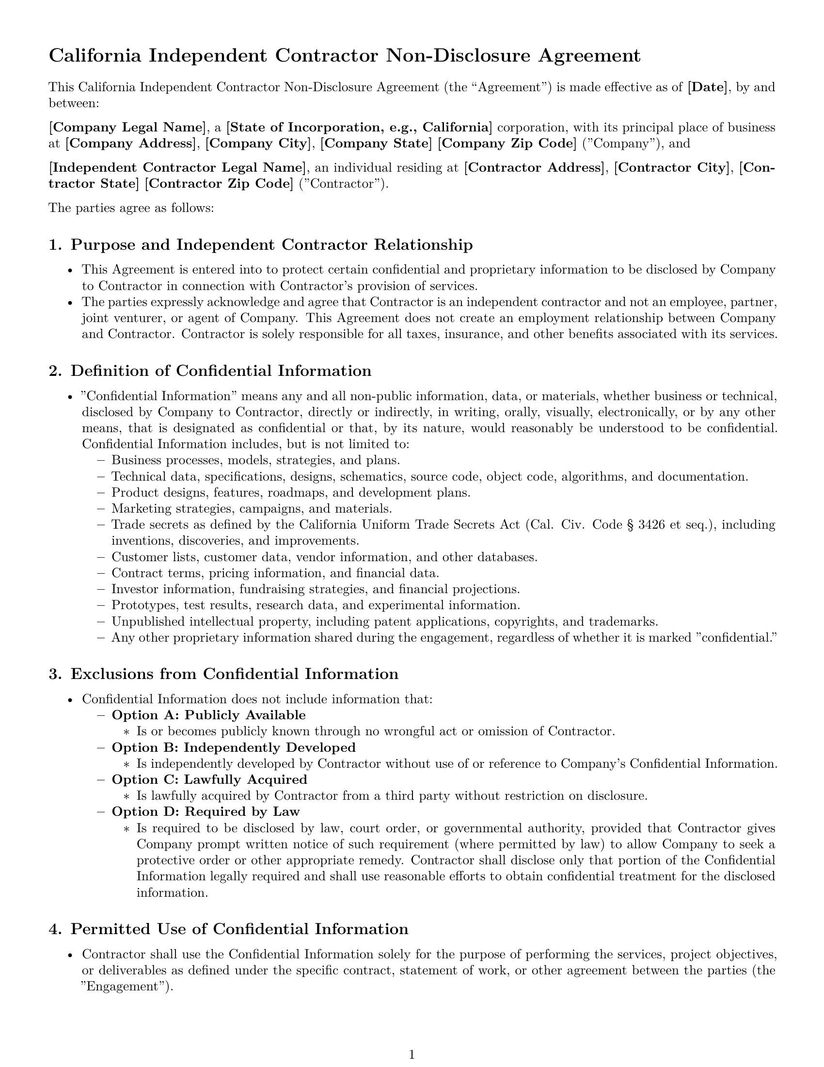 Preview page 1 of Pro California independent contractor nda template