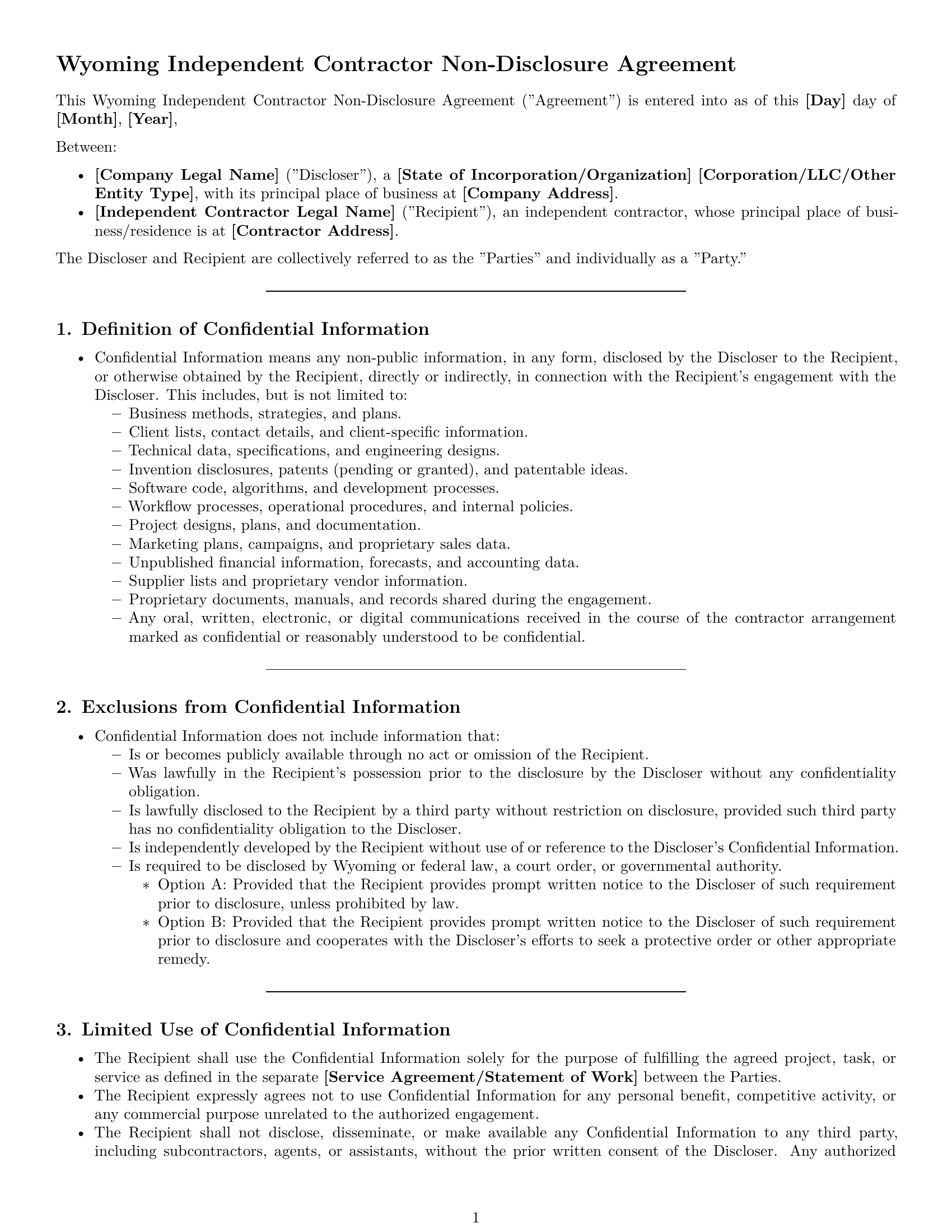 Preview page 1 of Pro Wyoming independent contractor nda template