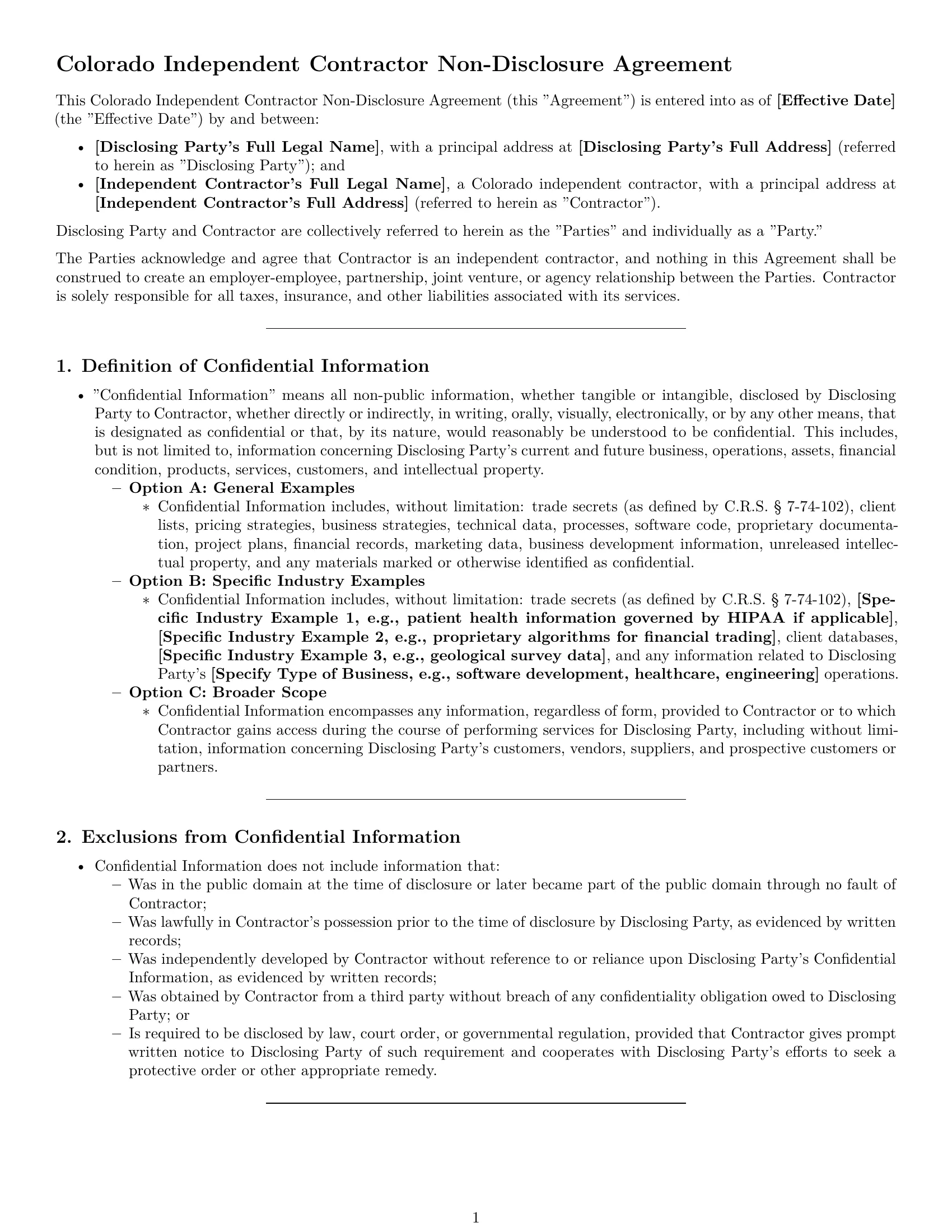Preview page 1 of Pro Colorado independent contractor nda template