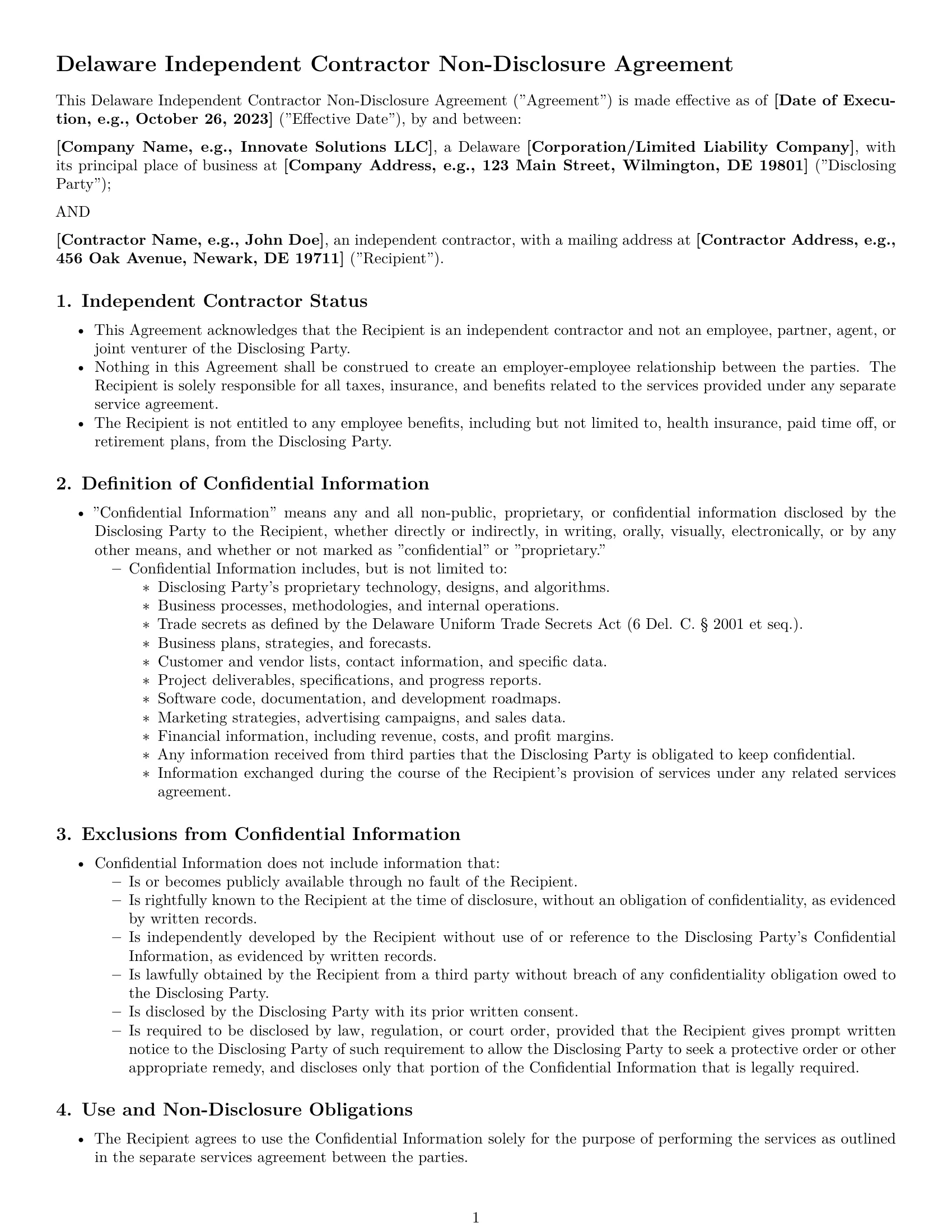 Preview page 1 of Pro Delaware independent contractor nda template