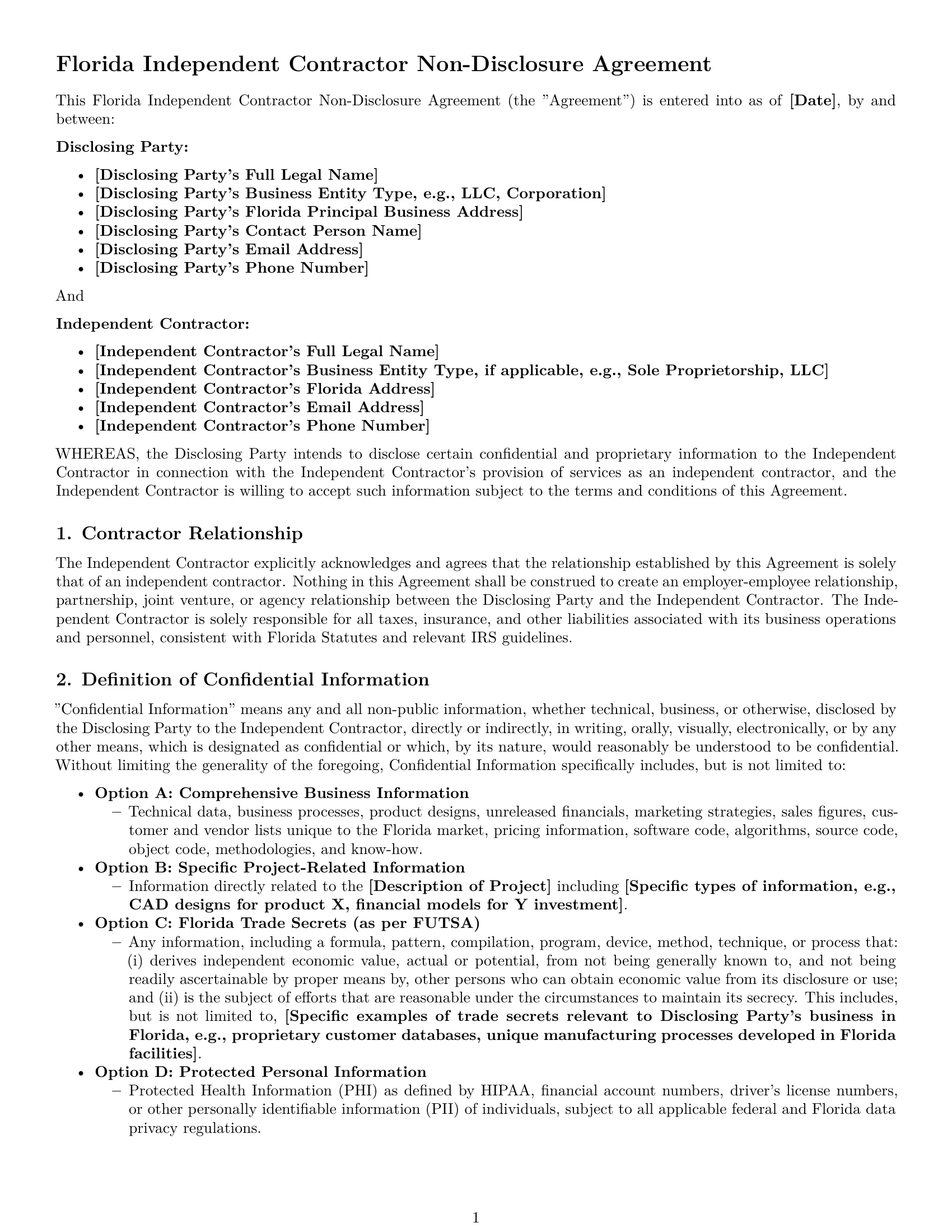 Preview page 1 of Pro Florida independent contractor nda template