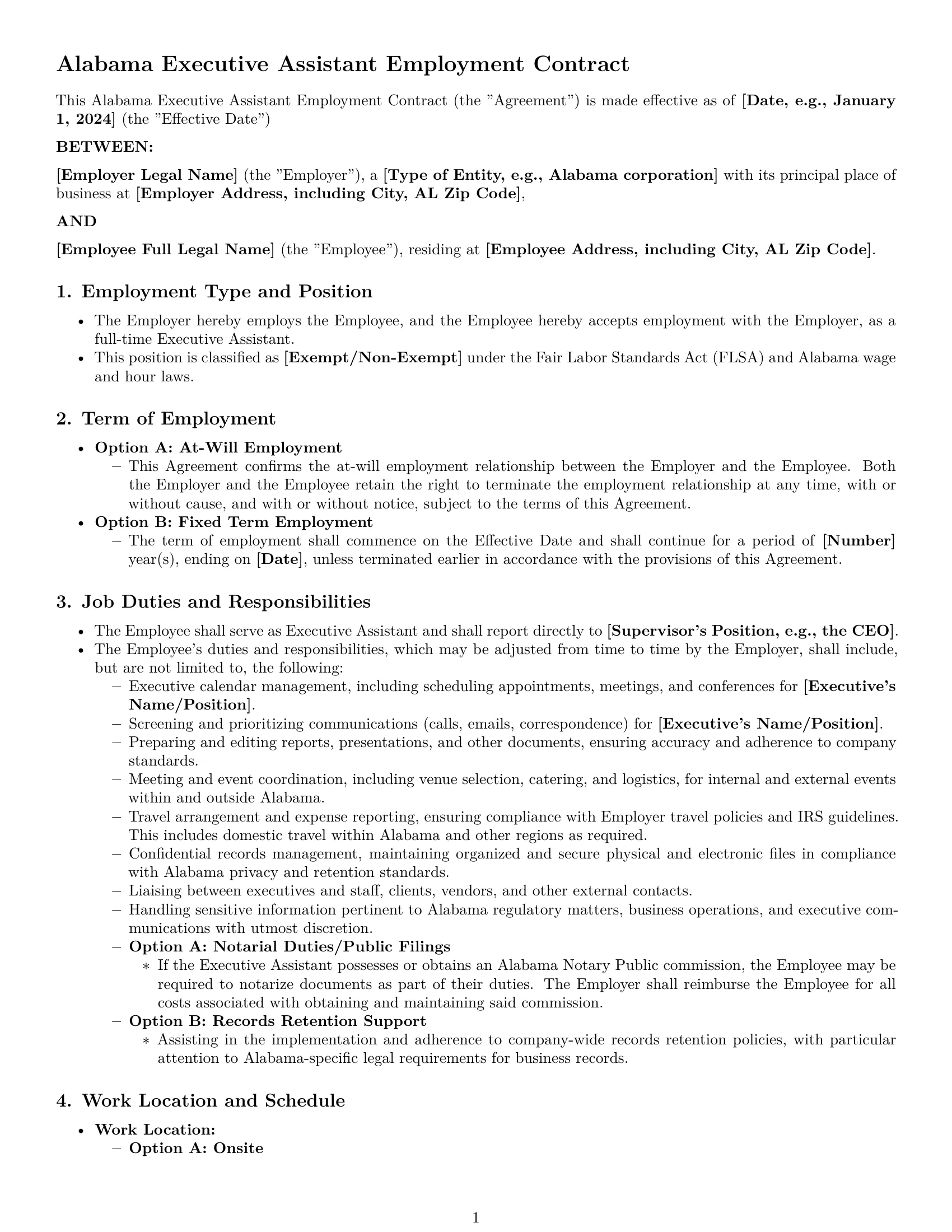 Preview page 1 of Pro Alabama executive assistant employment contract template