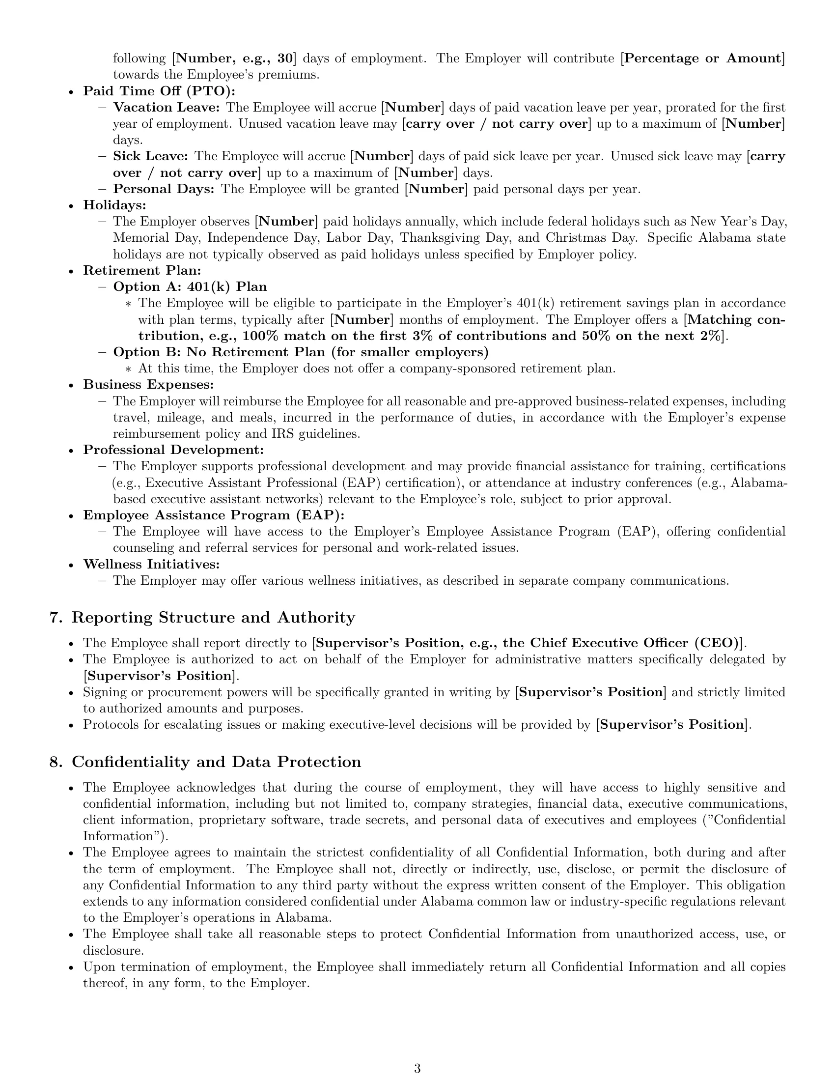 Preview page 3 of Pro Alabama executive assistant employment contract template