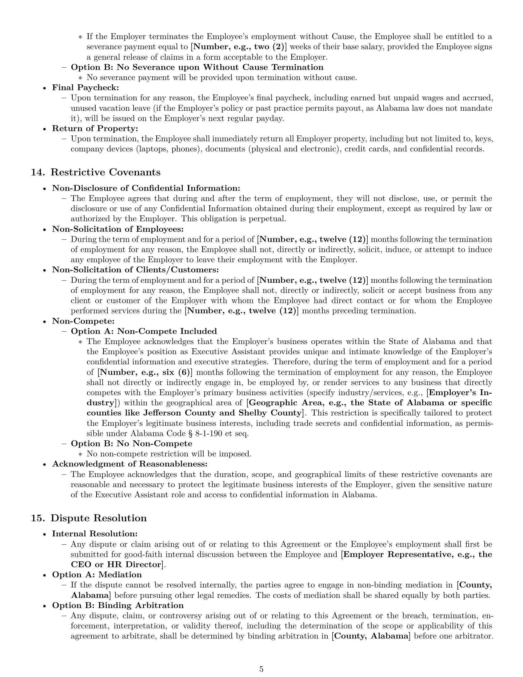 Preview page 5 of Pro Alabama executive assistant employment contract template