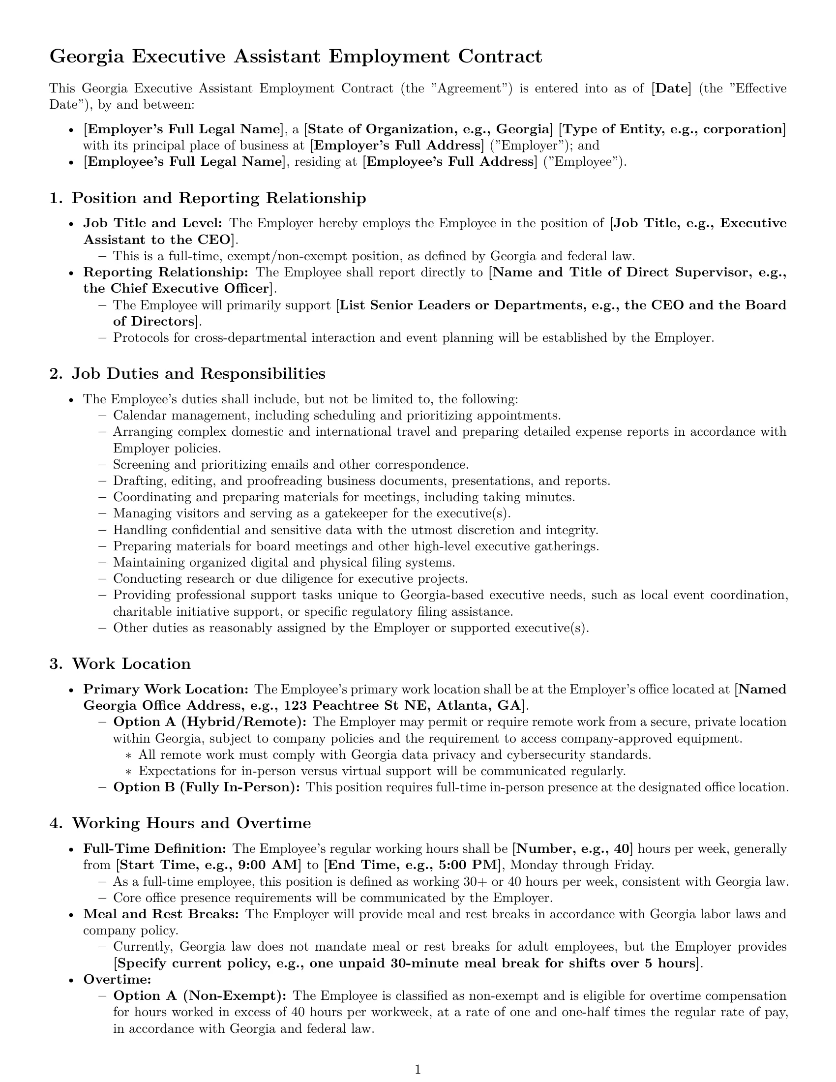 Preview page 1 of Pro Georgia executive assistant employment contract template