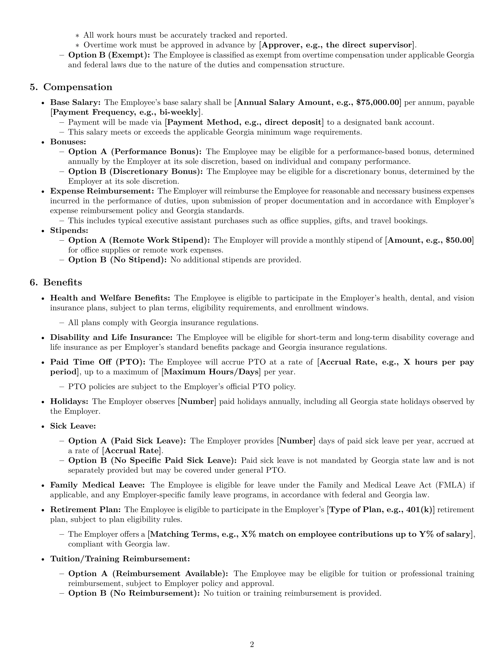 Preview page 2 of Pro Georgia executive assistant employment contract template