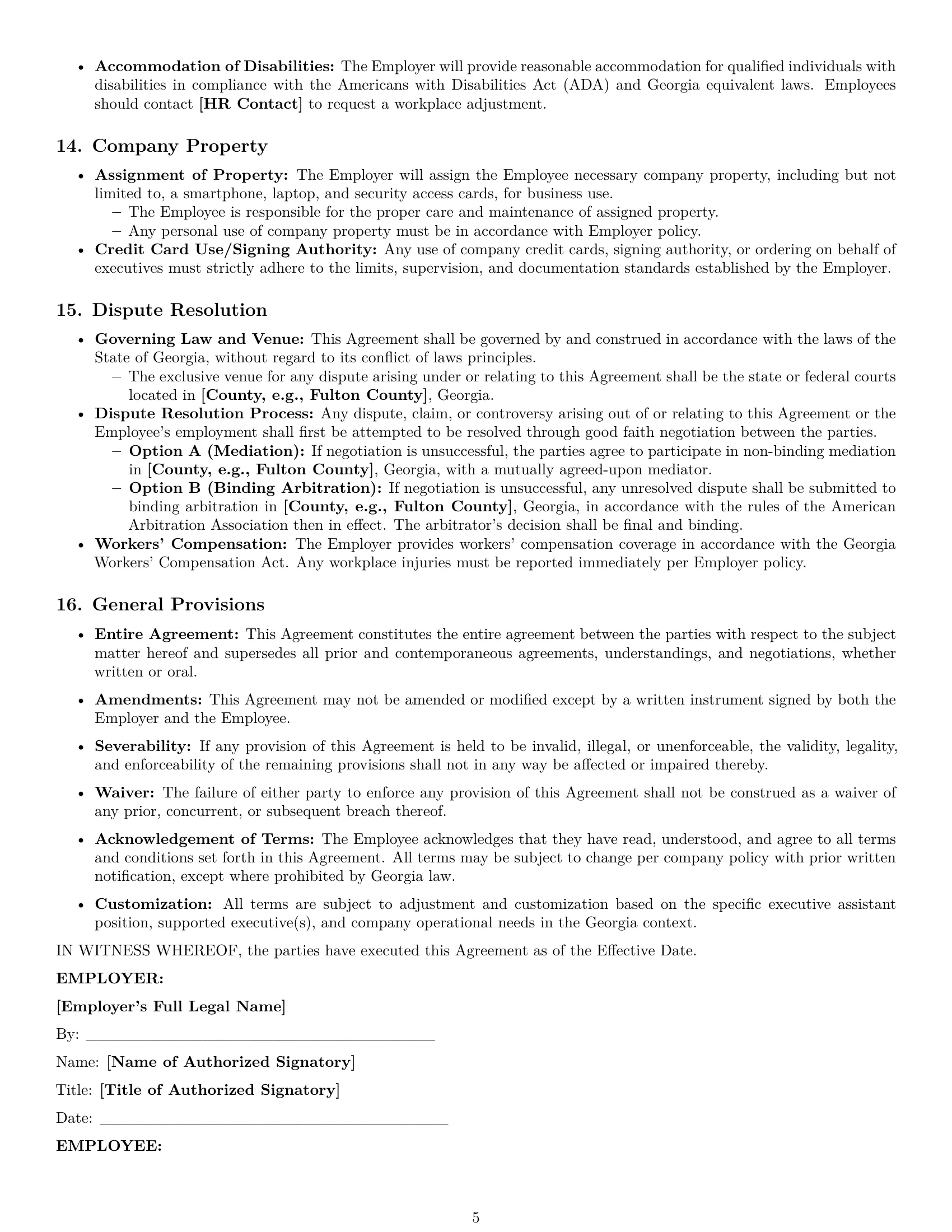 Preview page 5 of Pro Georgia executive assistant employment contract template