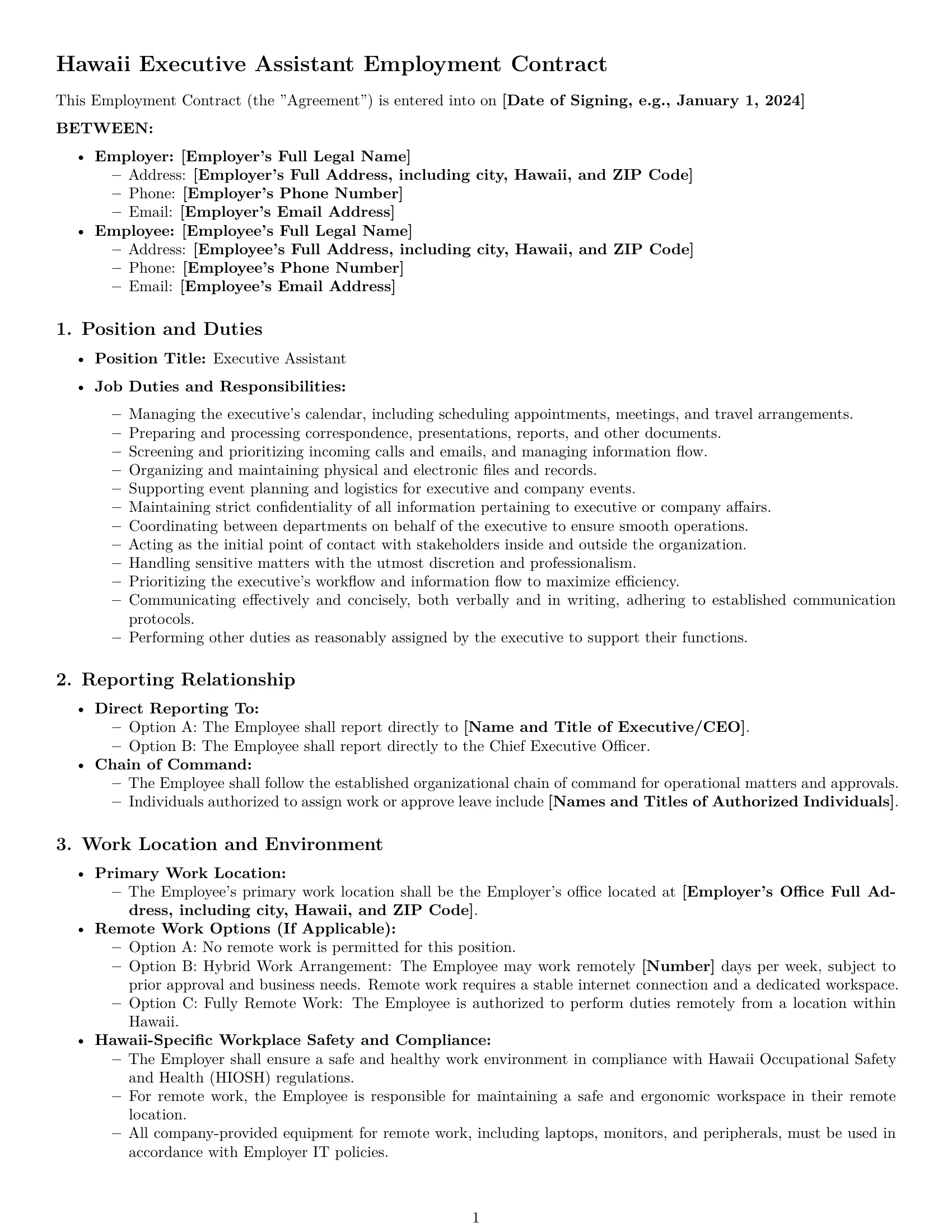 Preview page 1 of Pro Hawaii executive assistant employment contract template