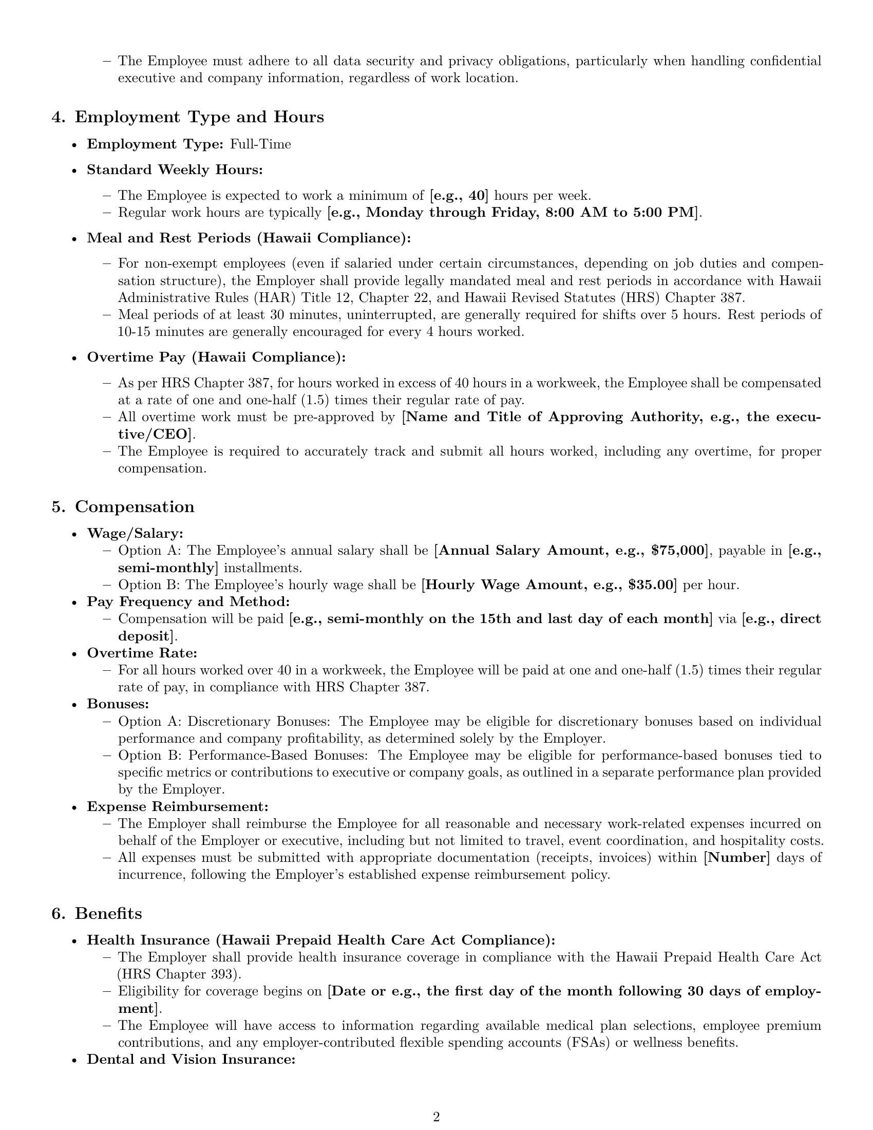 Preview page 2 of Pro Hawaii executive assistant employment contract template