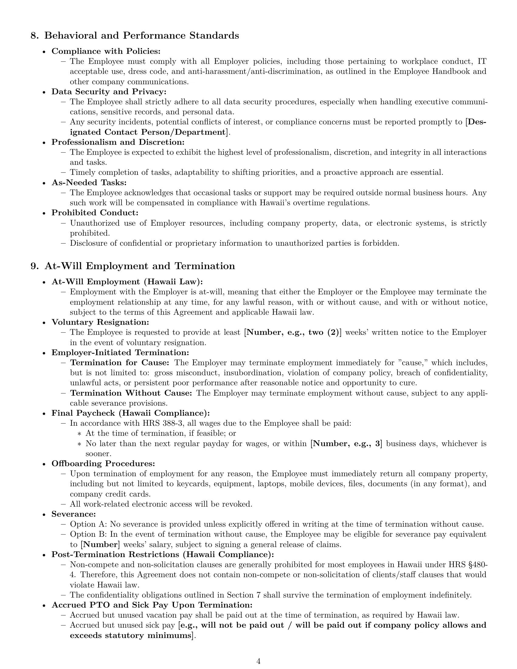 Preview page 4 of Pro Hawaii executive assistant employment contract template