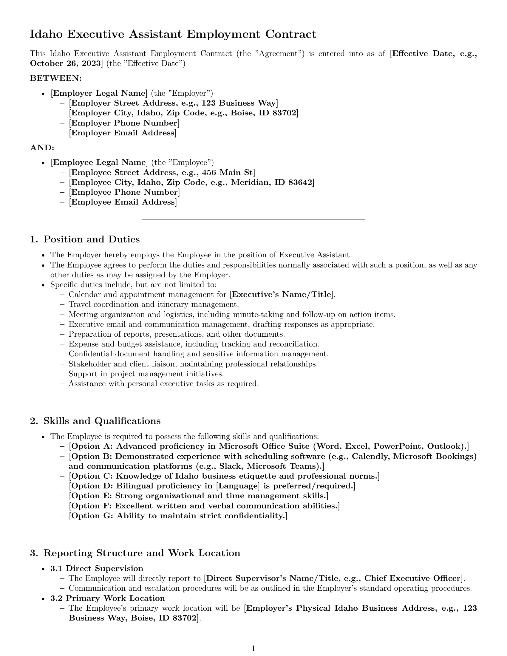 Preview page 1 of Pro Idaho executive assistant employment contract template