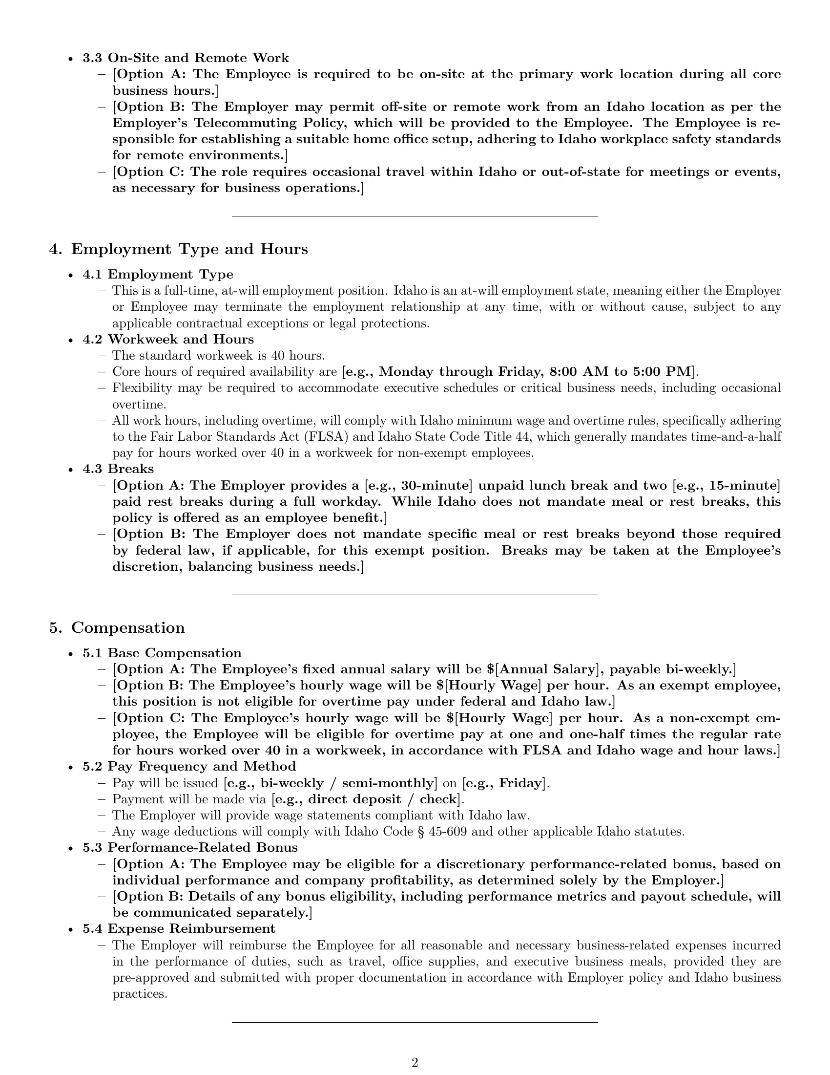 Preview page 2 of Pro Idaho executive assistant employment contract template