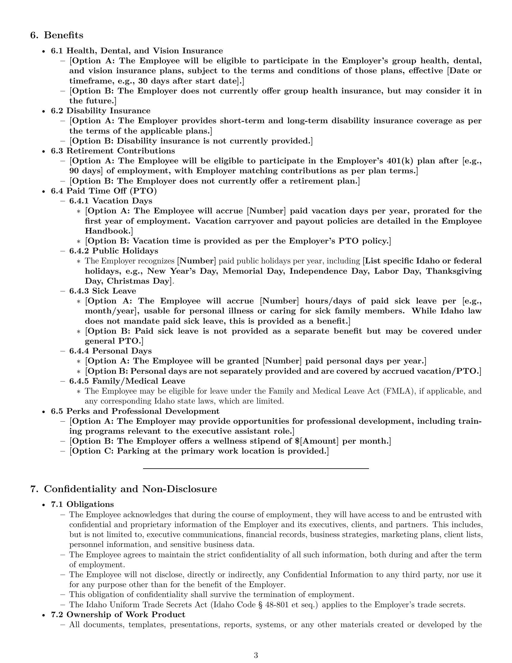 Preview page 3 of Pro Idaho executive assistant employment contract template