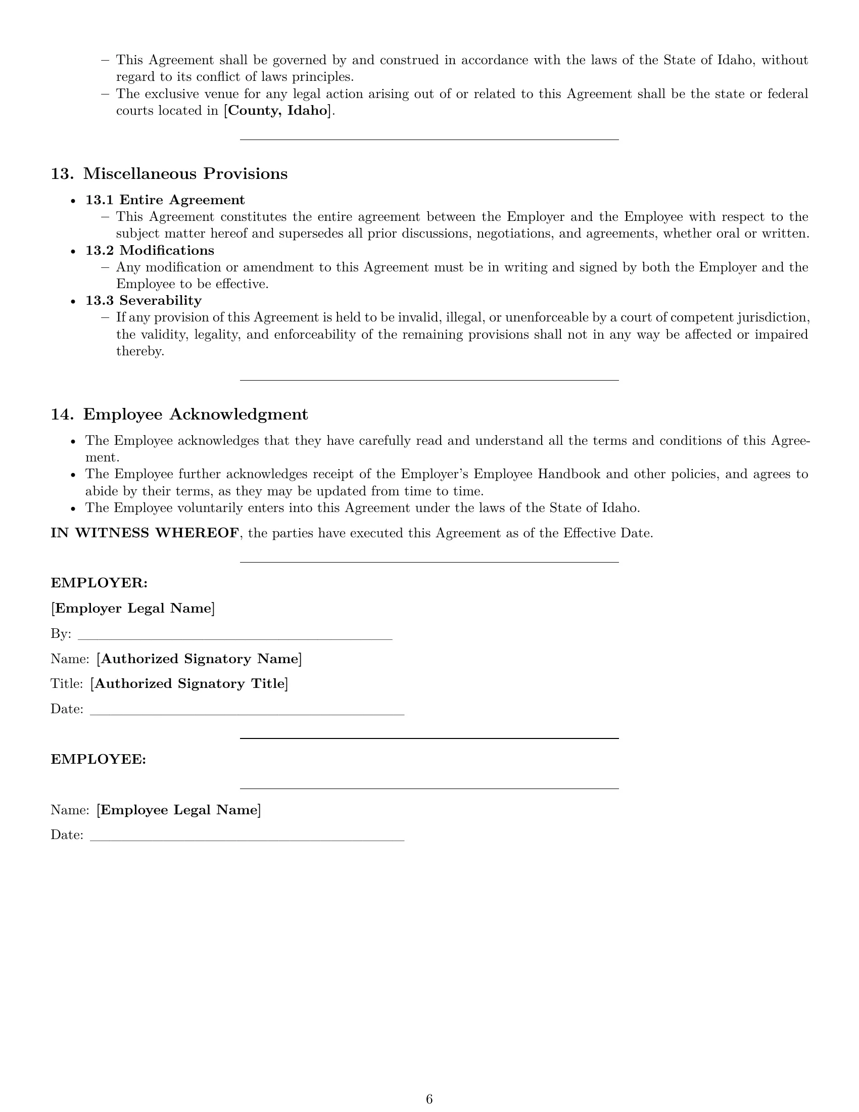 Preview page 6 of Pro Idaho executive assistant employment contract template