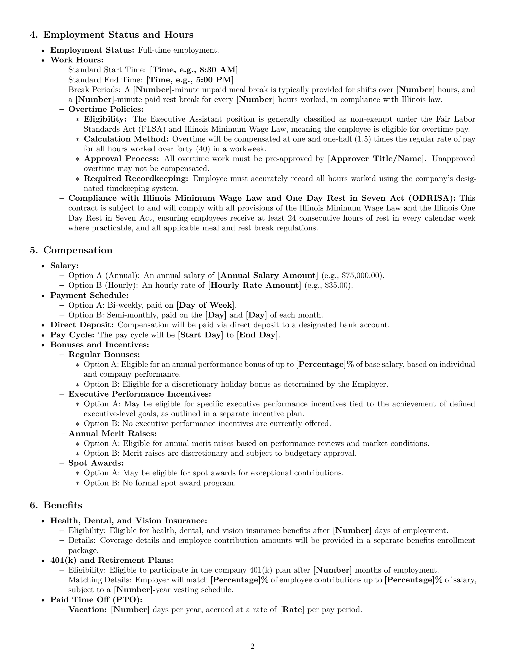 Preview page 2 of Pro Illinois executive assistant employment contract template