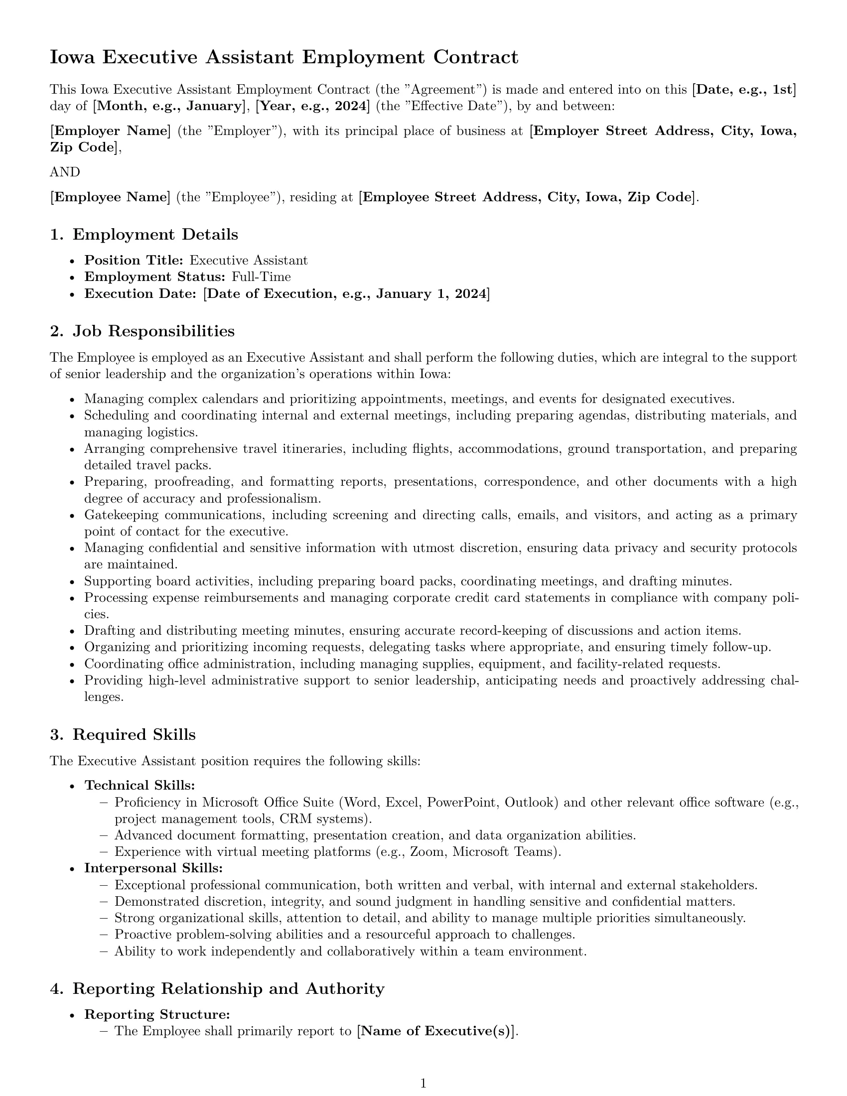 Preview page 1 of Pro Iowa executive assistant employment contract template