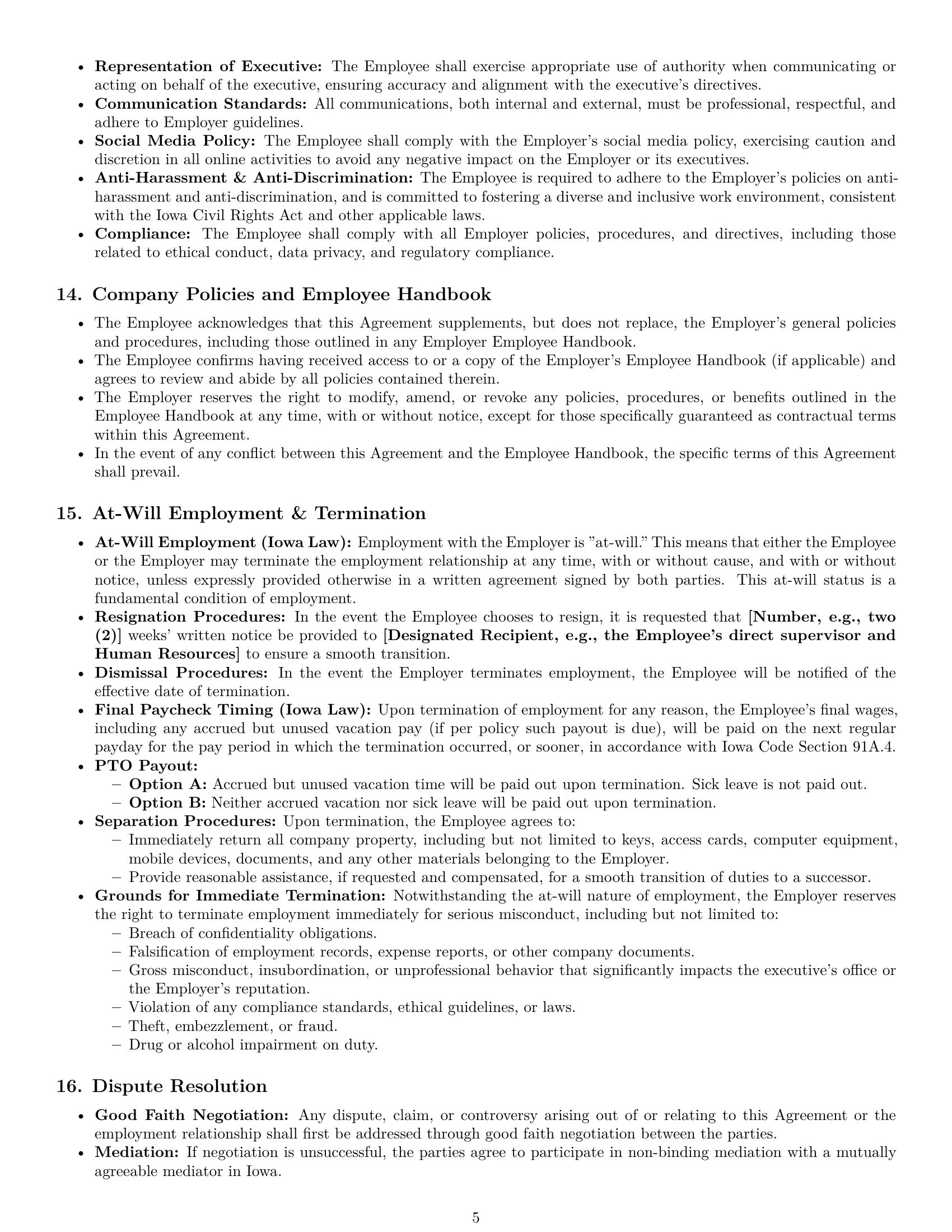 Preview page 5 of Pro Iowa executive assistant employment contract template