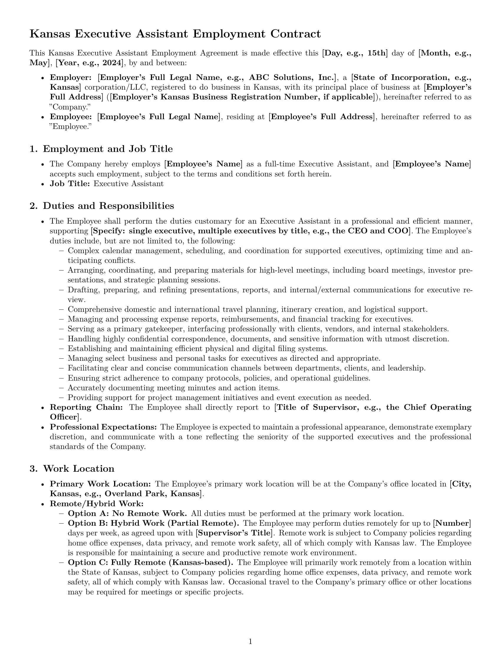 Preview page 1 of Pro Kansas executive assistant employment contract template