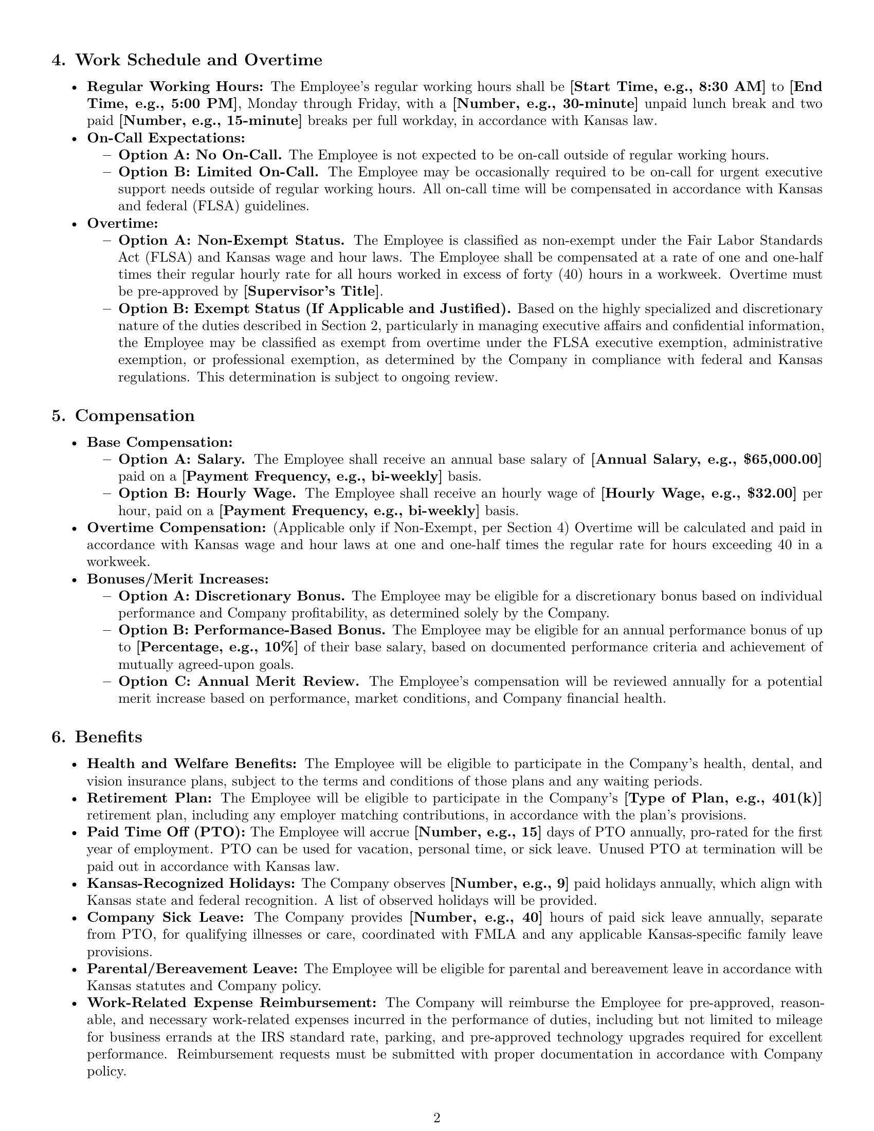 Preview page 2 of Pro Kansas executive assistant employment contract template