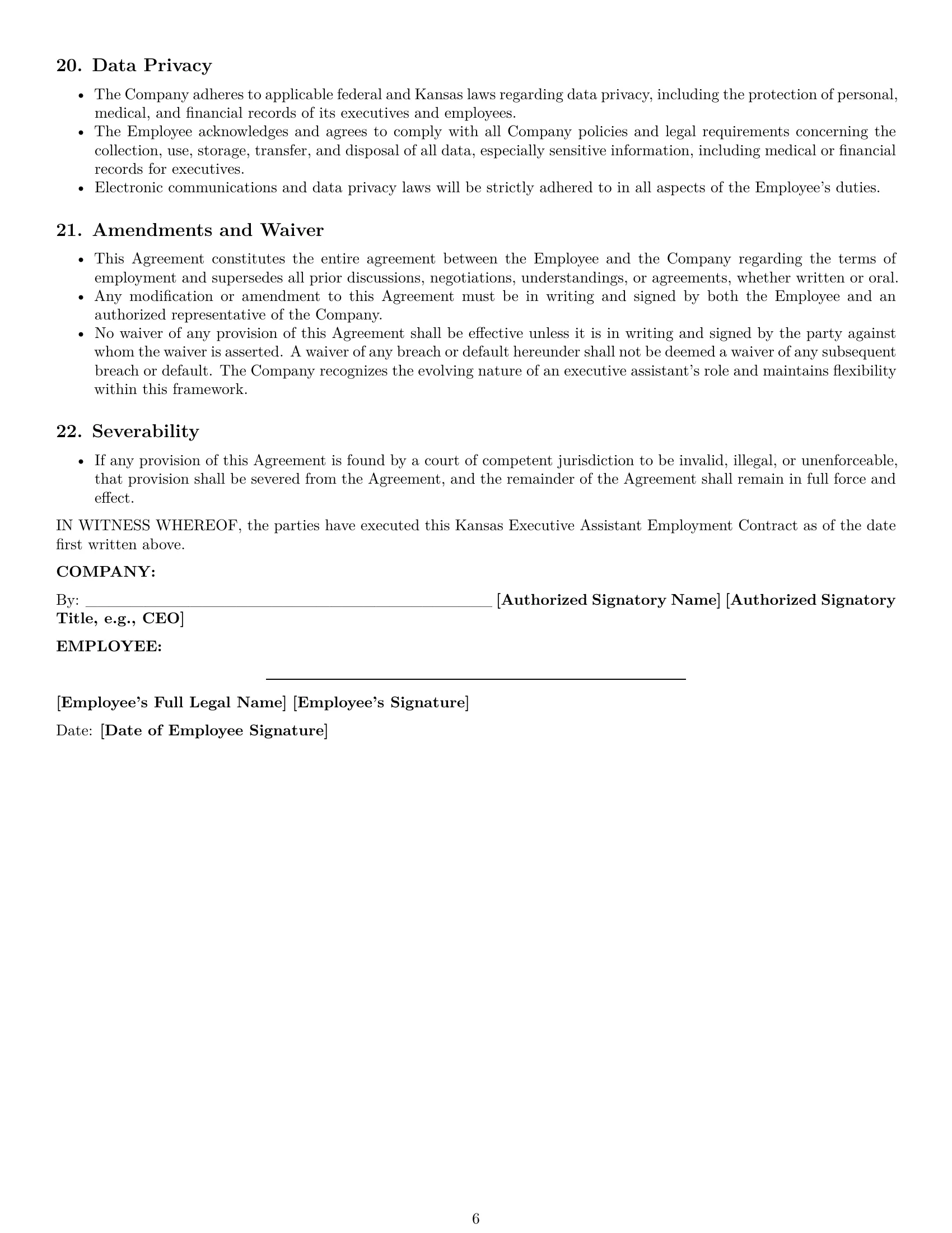 Preview page 6 of Pro Kansas executive assistant employment contract template