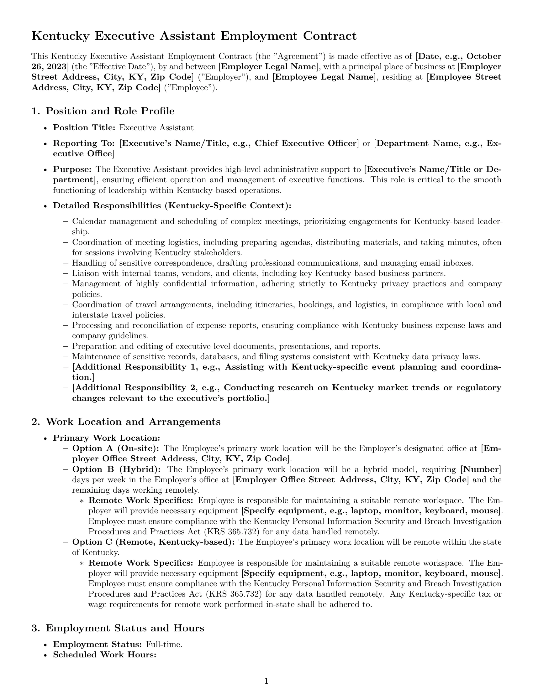 Preview page 1 of Pro Kentucky executive assistant employment contract template