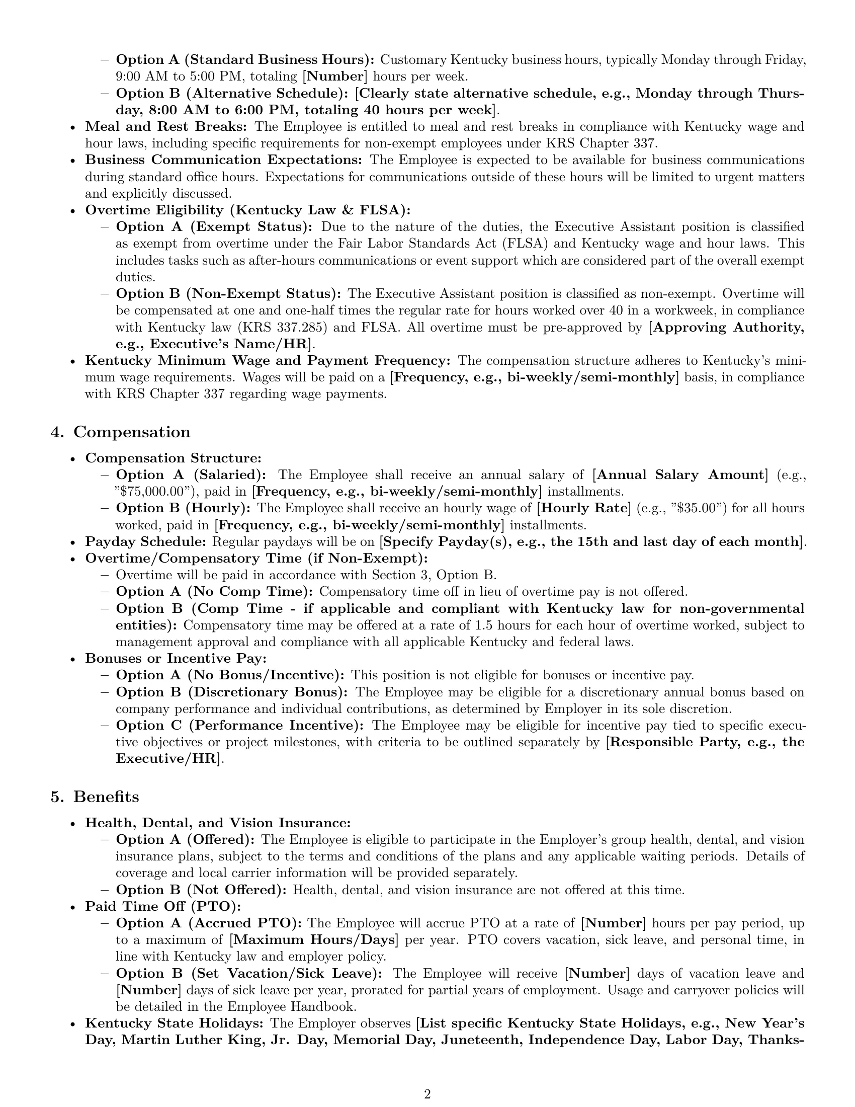Preview page 2 of Pro Kentucky executive assistant employment contract template