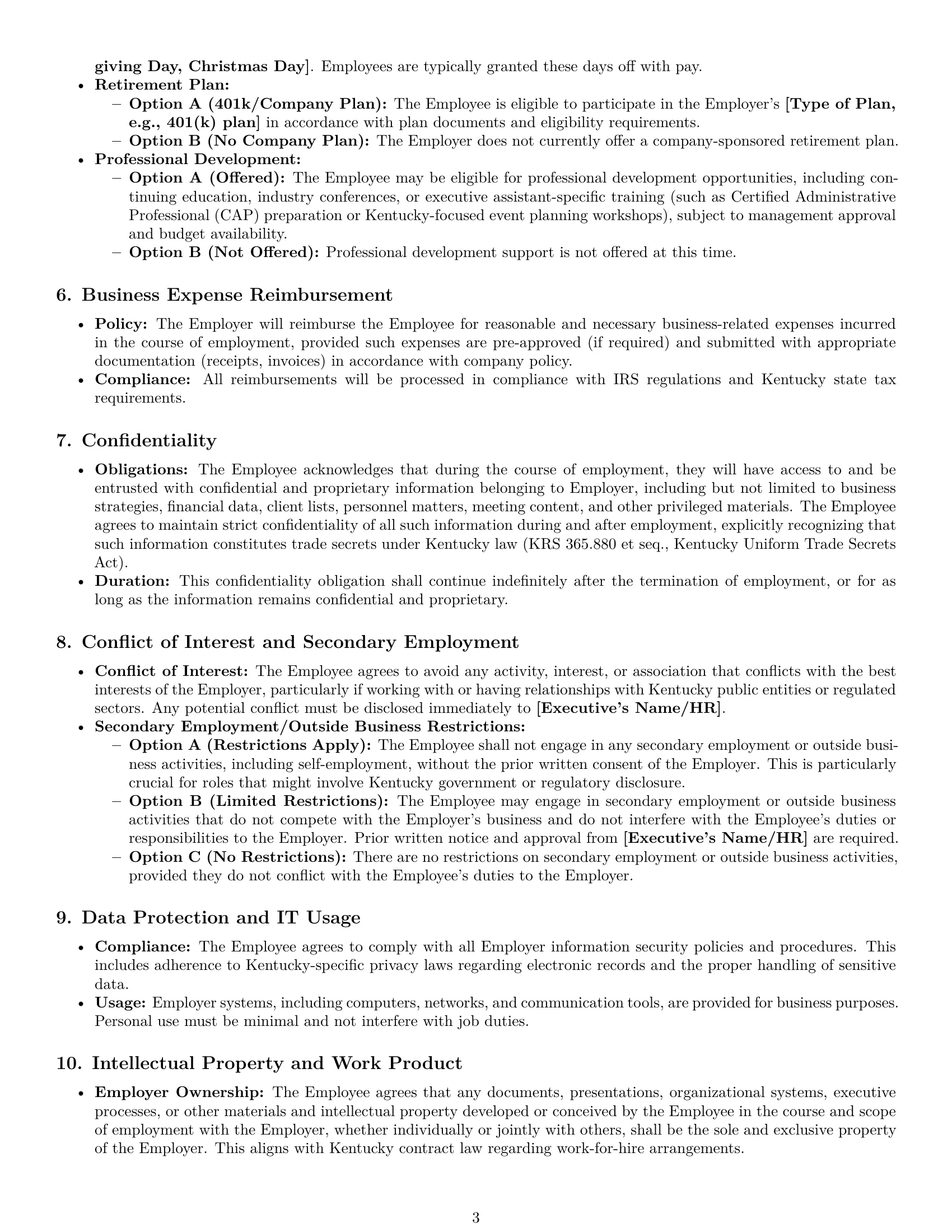 Preview page 3 of Pro Kentucky executive assistant employment contract template