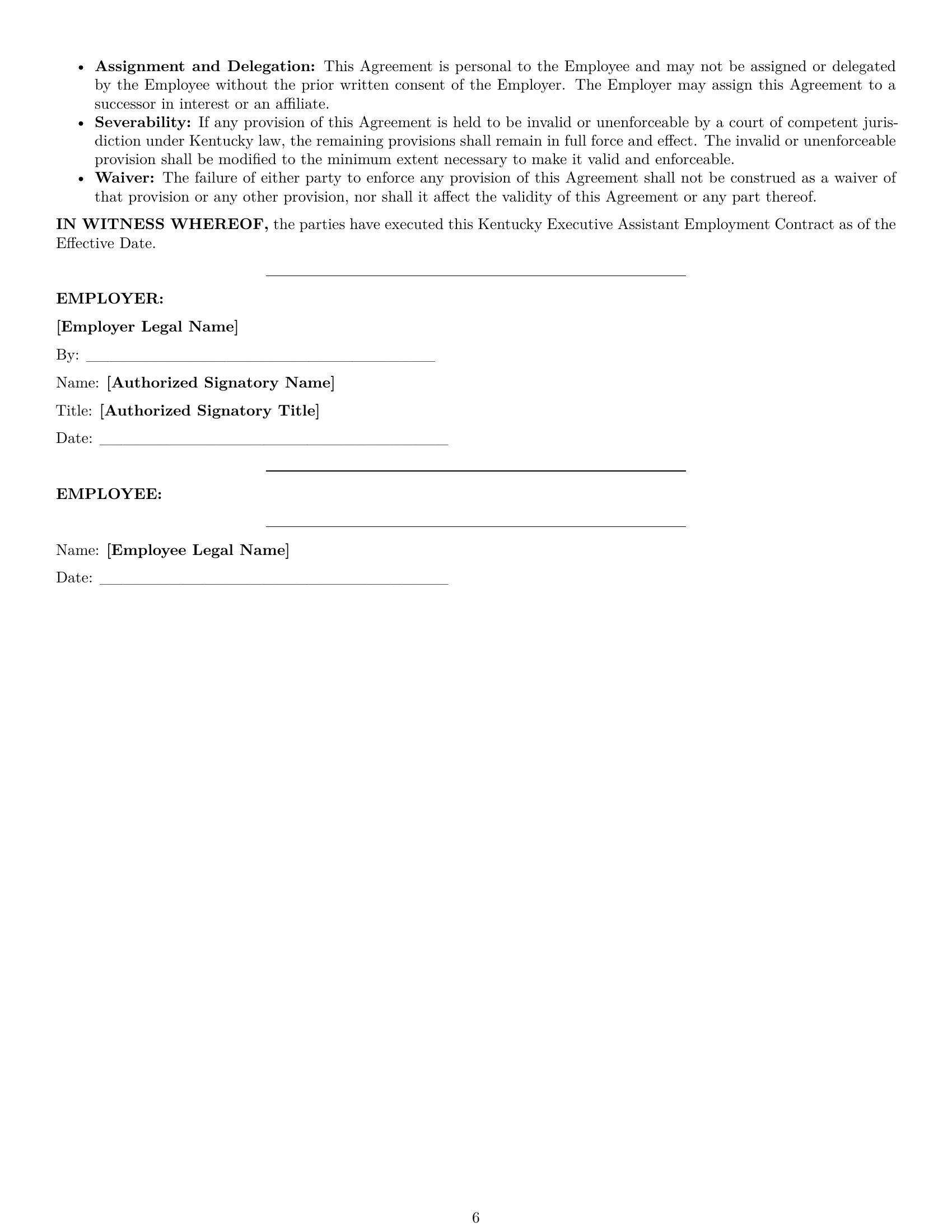 Preview page 6 of Pro Kentucky executive assistant employment contract template