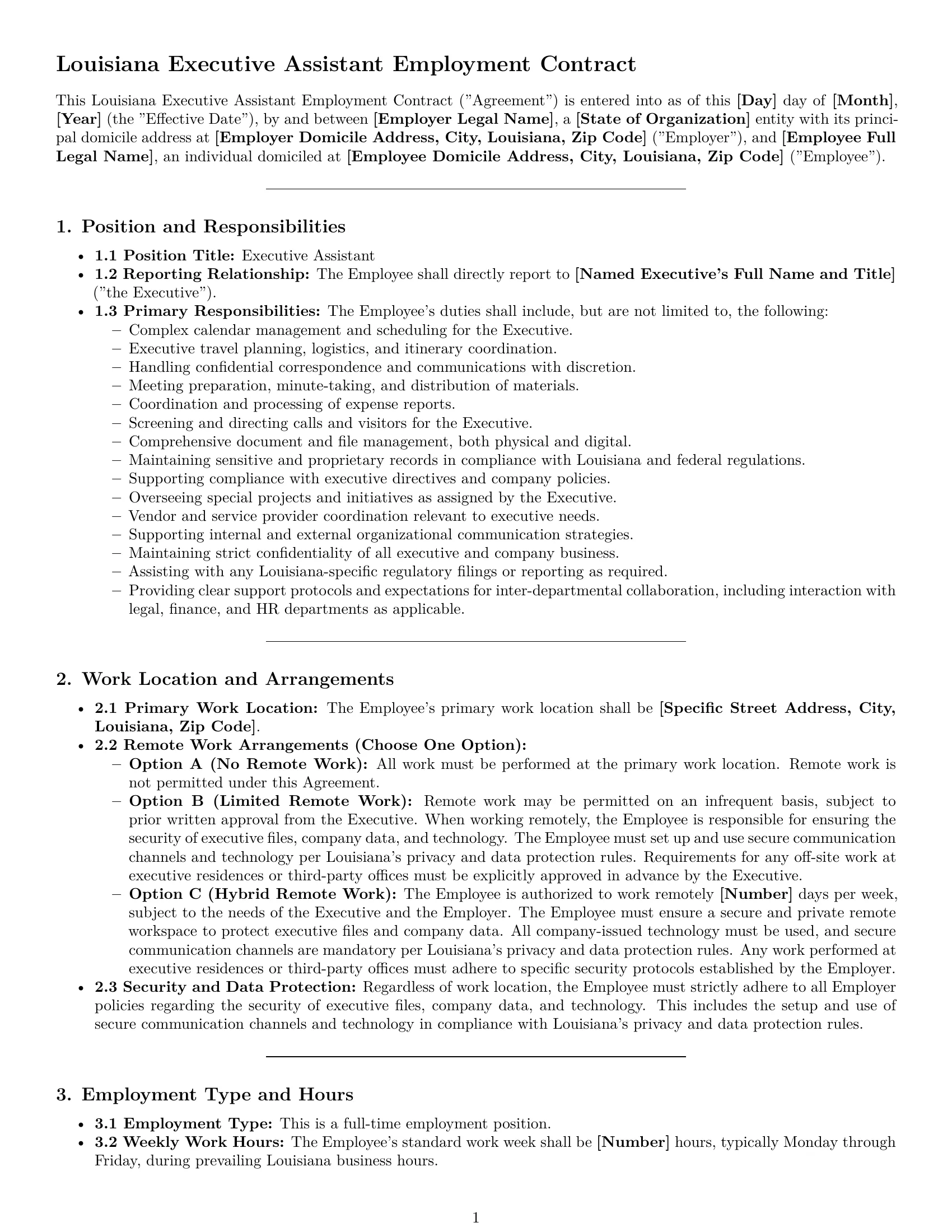 Preview page 1 of Pro Louisiana executive assistant employment contract template