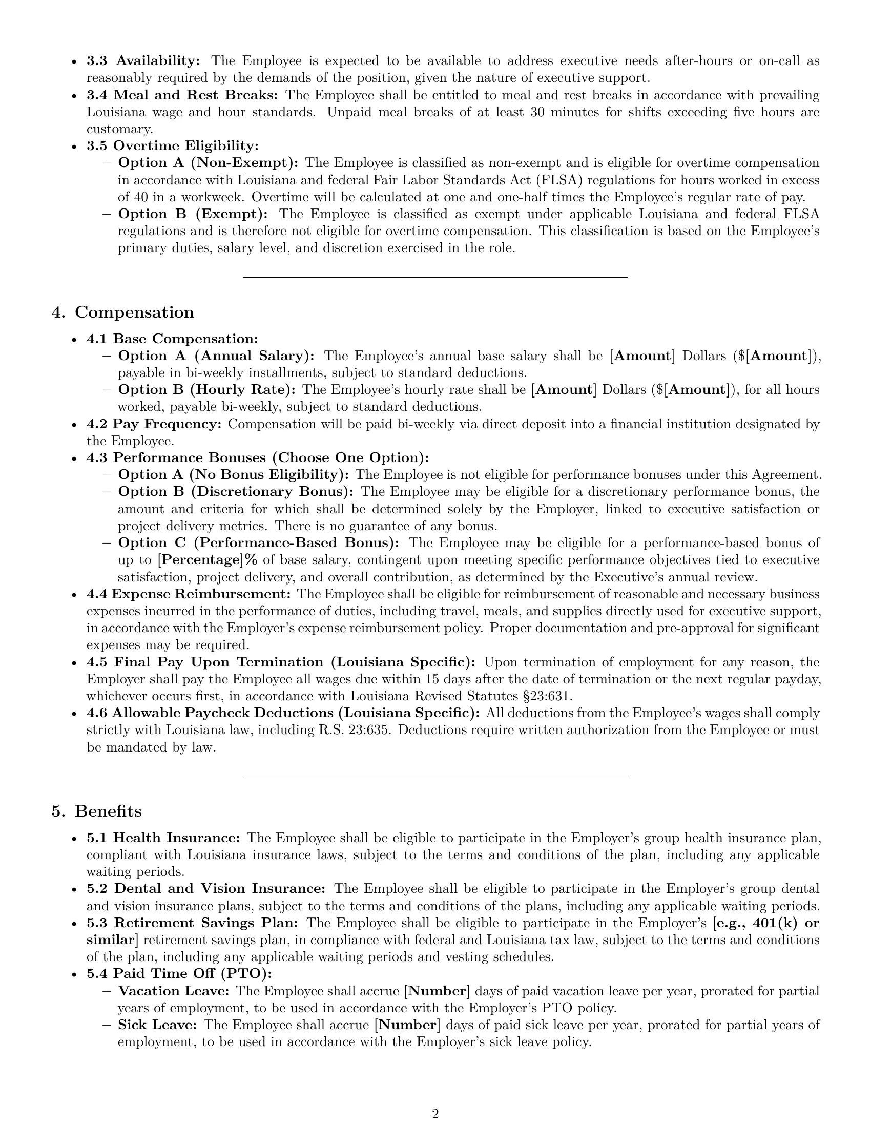 Preview page 2 of Pro Louisiana executive assistant employment contract template