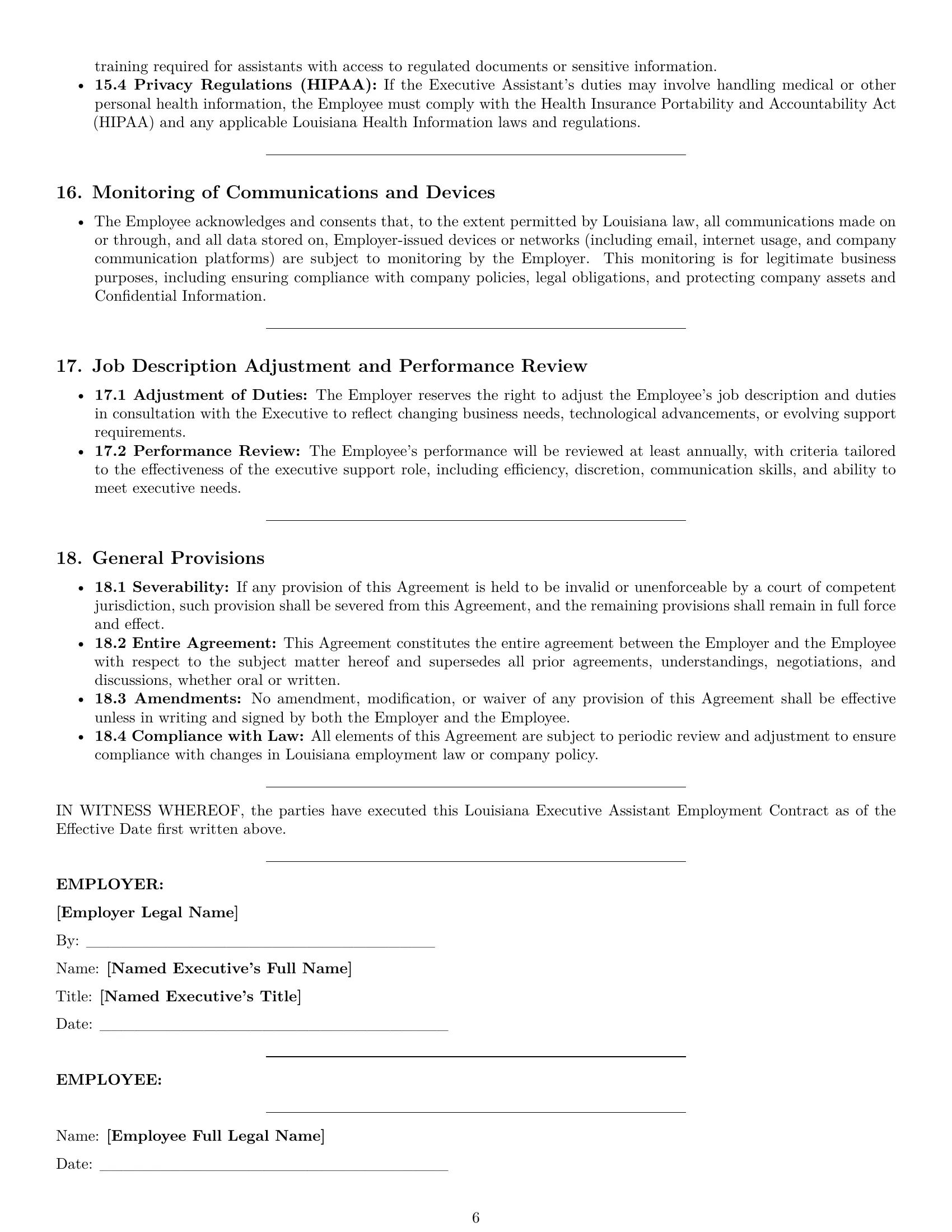 Preview page 6 of Pro Louisiana executive assistant employment contract template