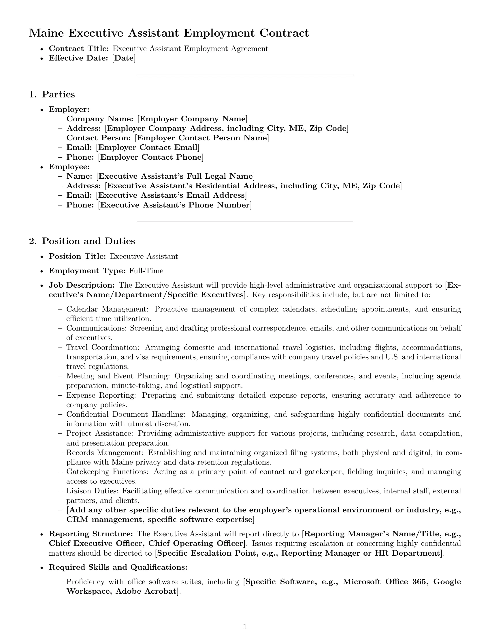 Preview page 1 of Pro Maine executive assistant employment contract template