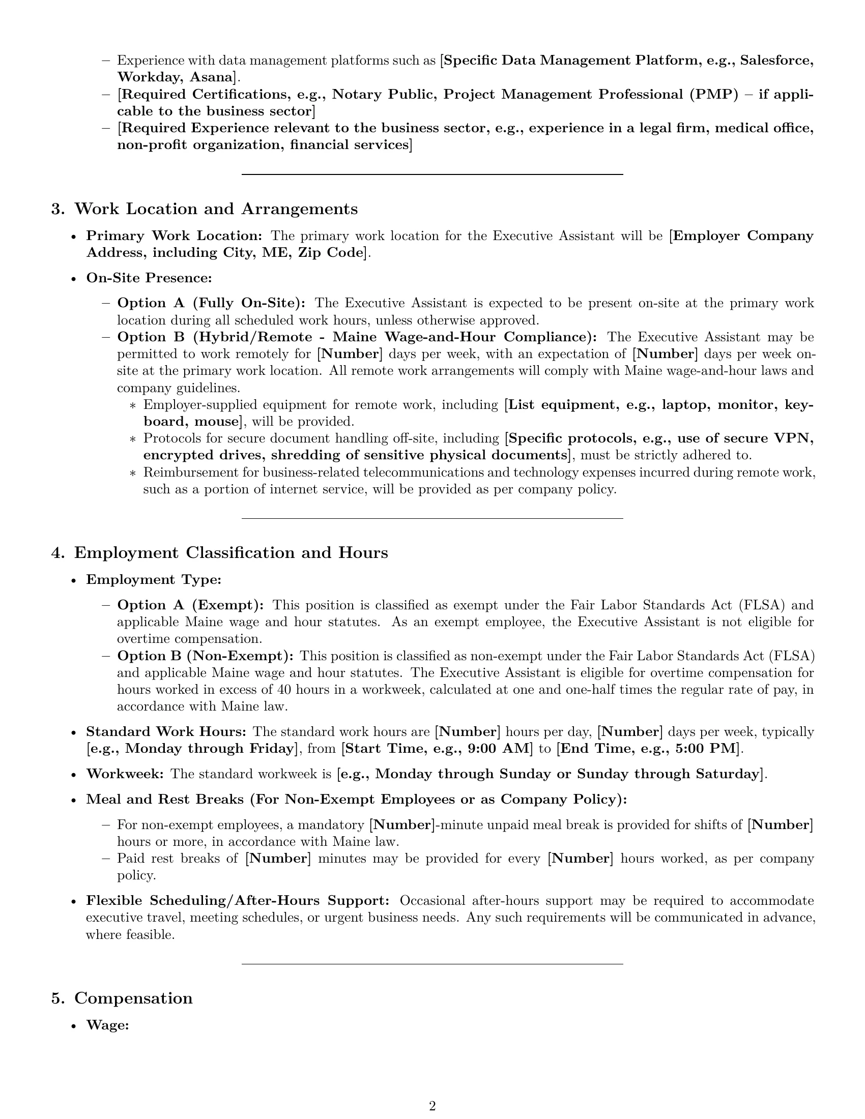Preview page 2 of Pro Maine executive assistant employment contract template